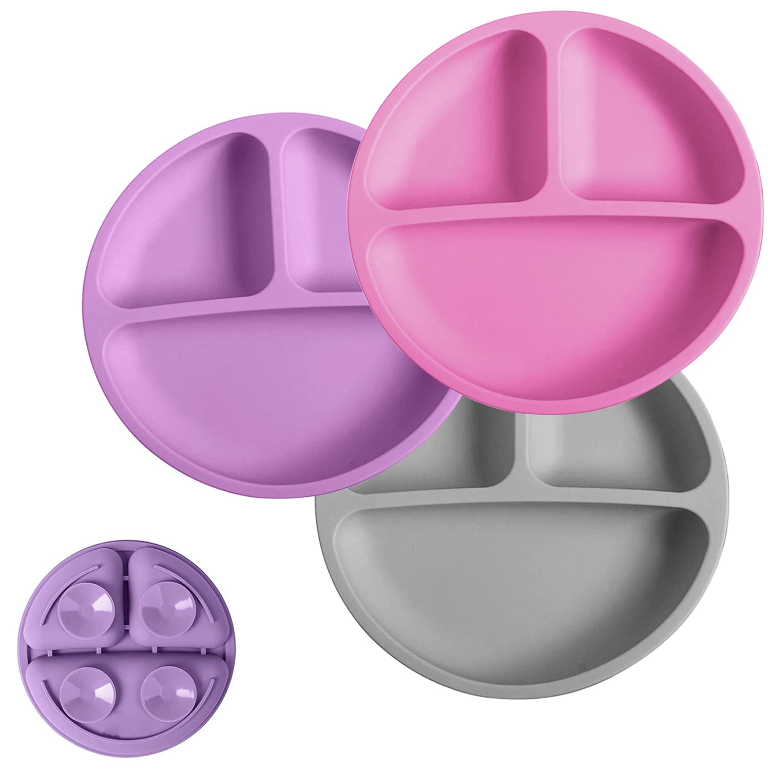 BPA-Free Divided Silicone Plates for Toddlers - 3-Pack Dishwasher, Microwave & Oven Safe Kids Plates with Suction Base | Perfect for Baby-Led Weaning, Daycare & Family Mealtime