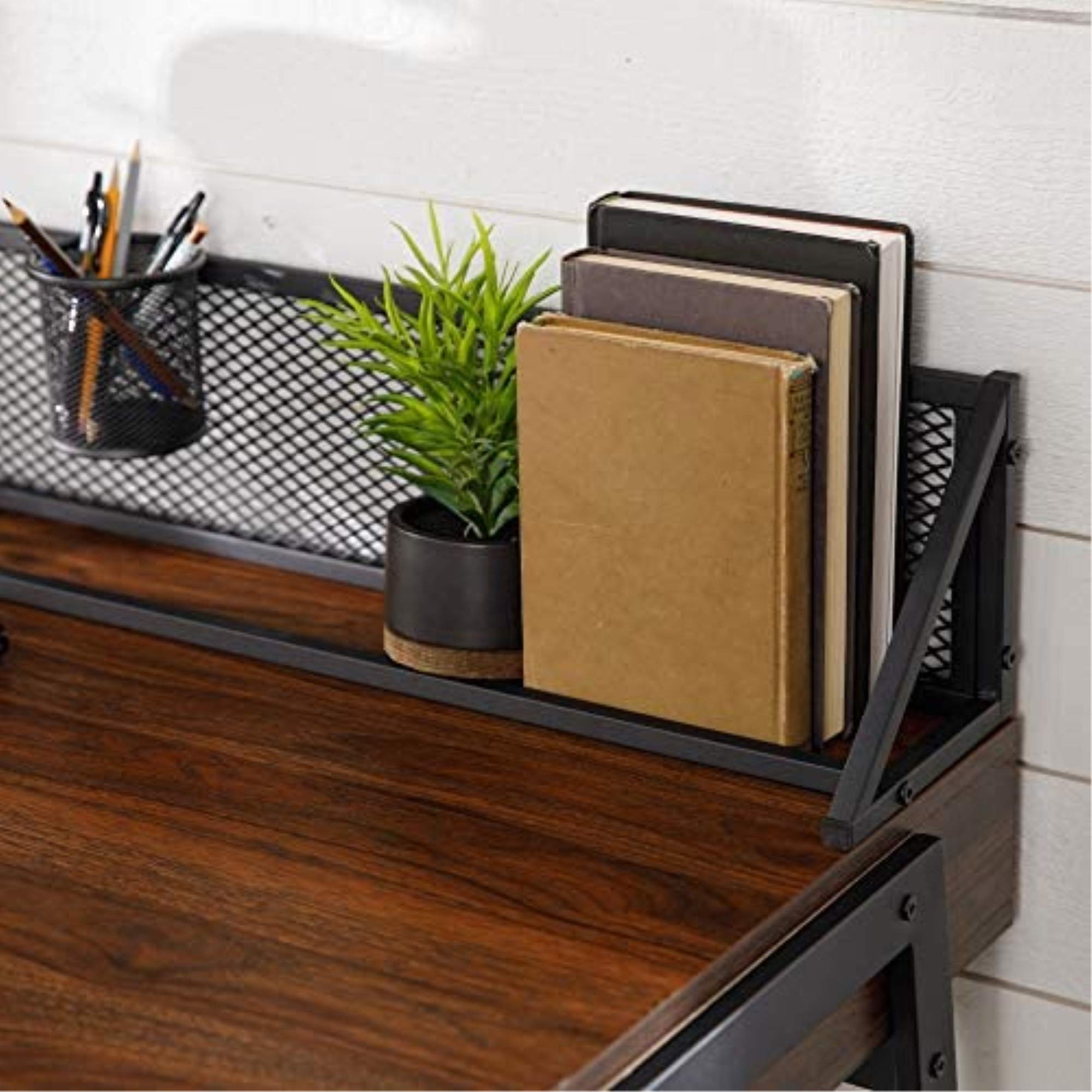 Walker Edison 42 Inch Industrial Mesh Wood Laptop Desk - Dark Walnut Home Office Workstation for Small Spaces, Compact Writing Table for Modern Living Rooms and Dorm Rooms