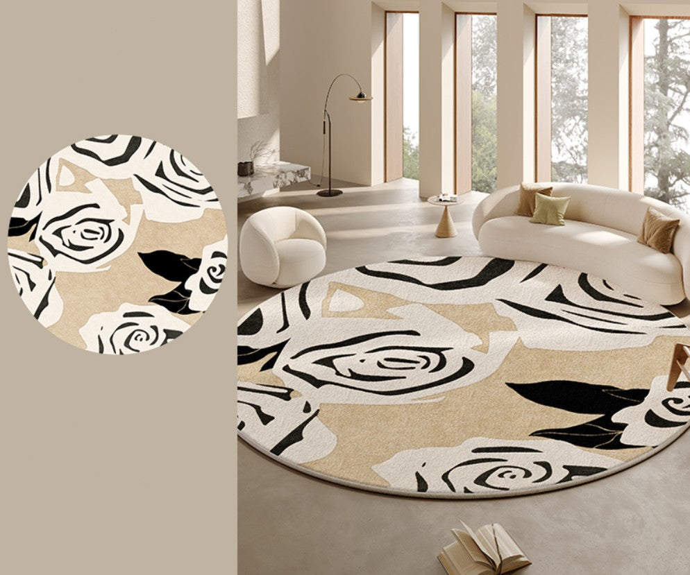 Modern Abstract Round Area Rug - Contemporary Cream Circular Carpet for Living Room, Bedroom, Dining Table & Coffee Table - Soft Non-Slip Floor Mat for Home Decor & Office Spaces