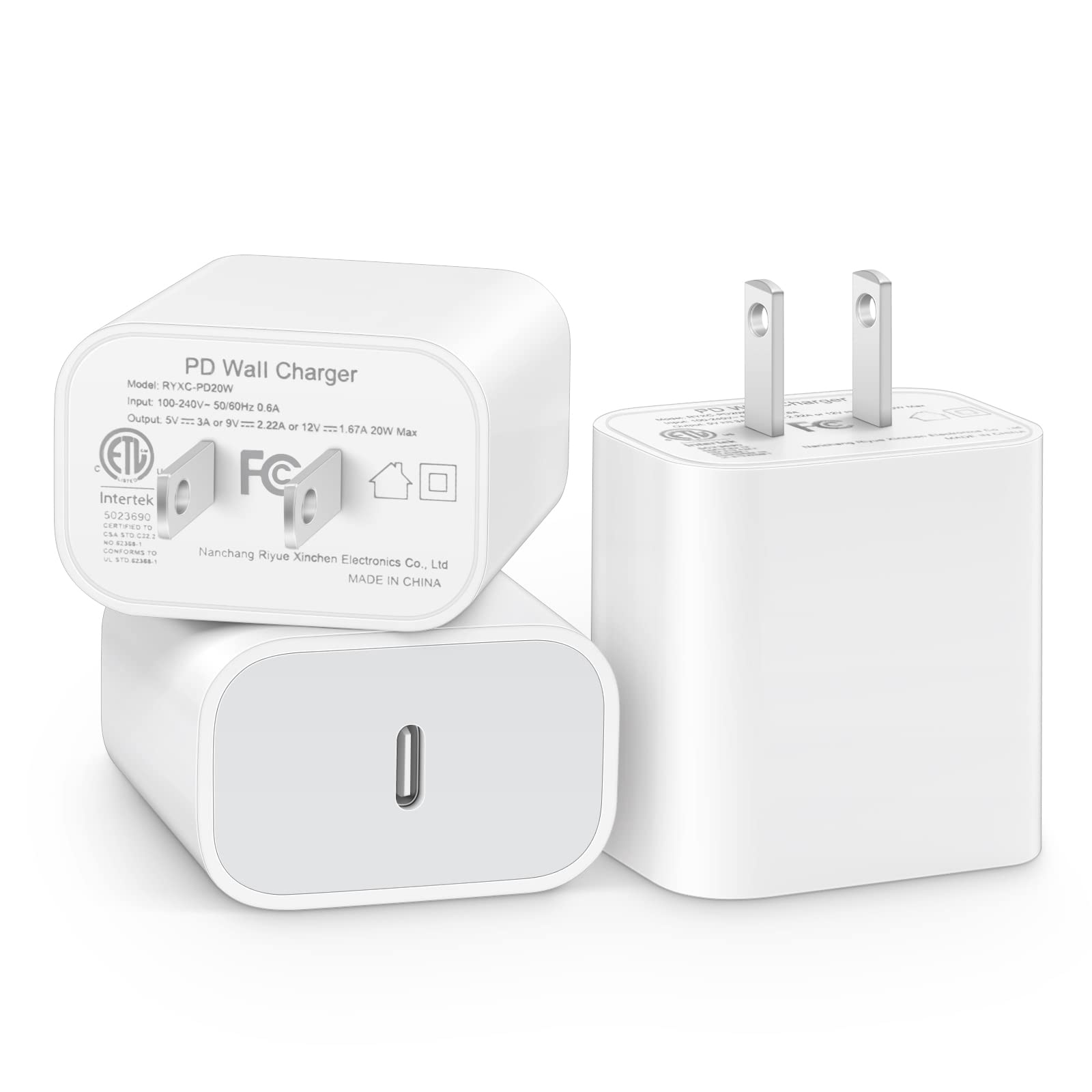 3-Pack 20W USB C Fast Charger Block for iPhone 15/14/13/12/11/SE/XR/8, iPad Pro/Mini, Galaxy & Pixel - Quick Charging Power Adapter for Home, Office & Travel