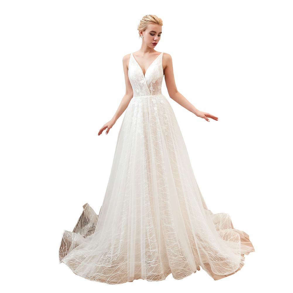 Datangep Women's Sexy Tulle Bohemian Beach Wedding Dress for Bride - Elegant Lace Bridal Gown for Beach Ceremony, Destination Wedding & Boho Photoshoot