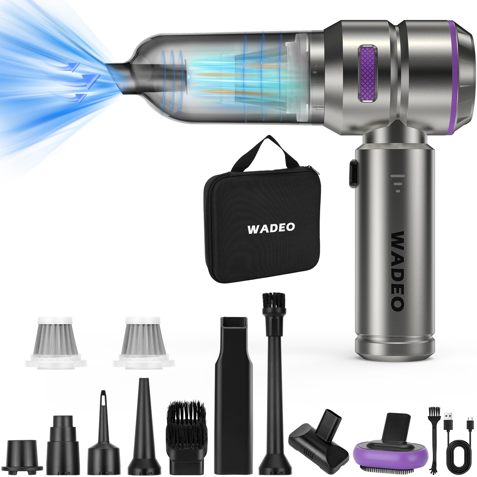WADEO 4-in-1 Cordless Handheld Vacuum Cleaner - 21000PA Brushless Car Vacuum & 210000RPM Air Duster with 7500mAh Battery - Powerful Wireless Air Blower for Car Detailing, Office Cleaning, Home Dusting and Pet Hair Removal