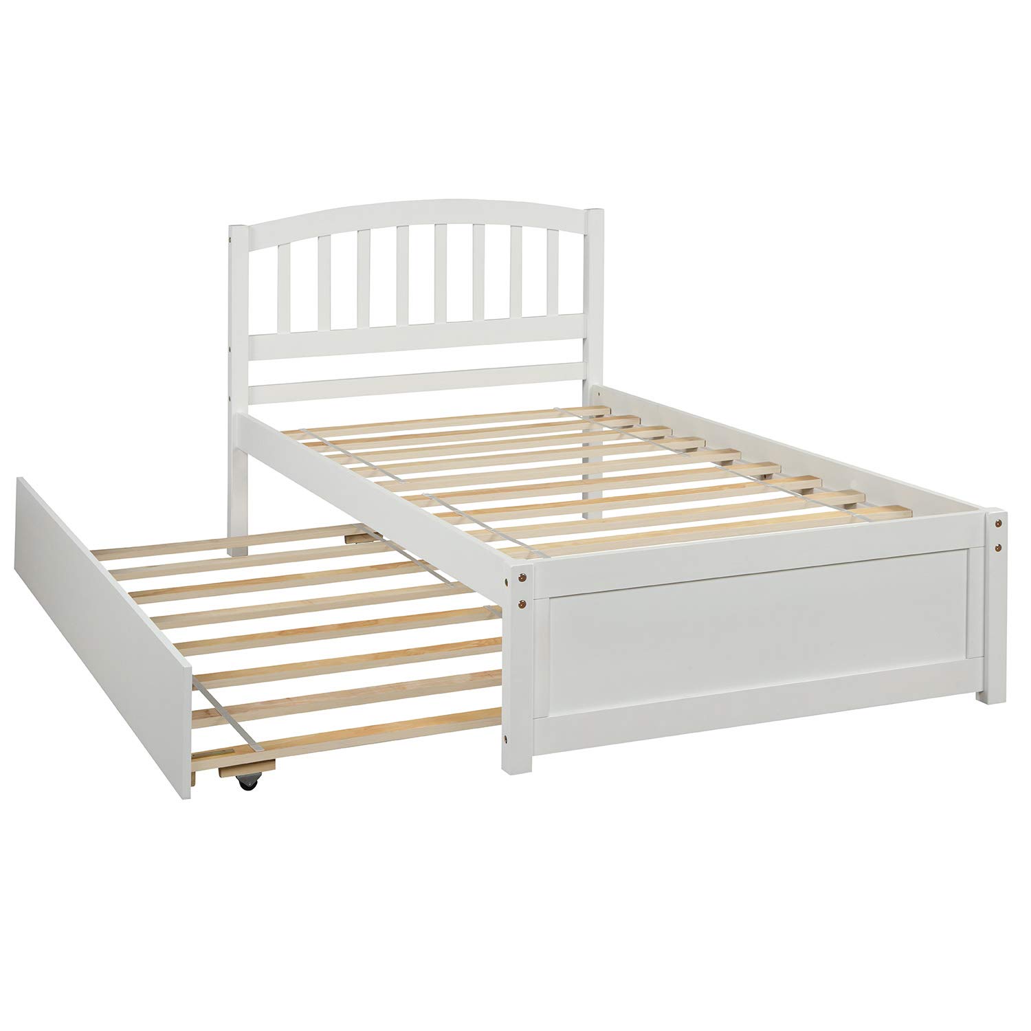 Sturdy White Wood Platform Bed Frame with Trundle - Twin Size Solid Structure for Guest Room & Space Saving - Perfect for Small Bedrooms, Dorm Rooms & Kids Rooms