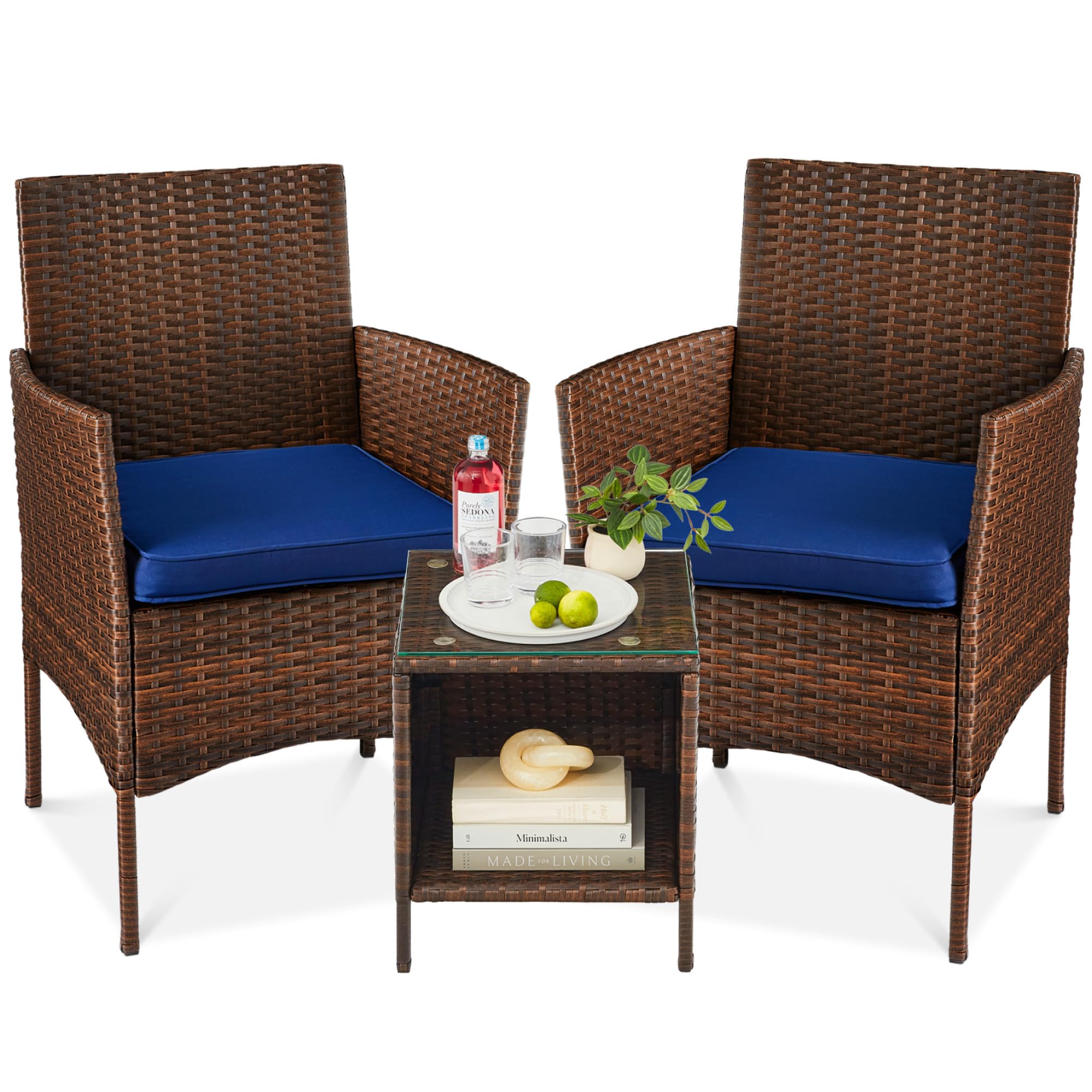 Best Choice Products 3-Piece Outdoor Wicker Patio Furniture Set with Side Table - Space Saving Brown/Navy Bistro Conversation Set for Garden, Balcony & Small Spaces