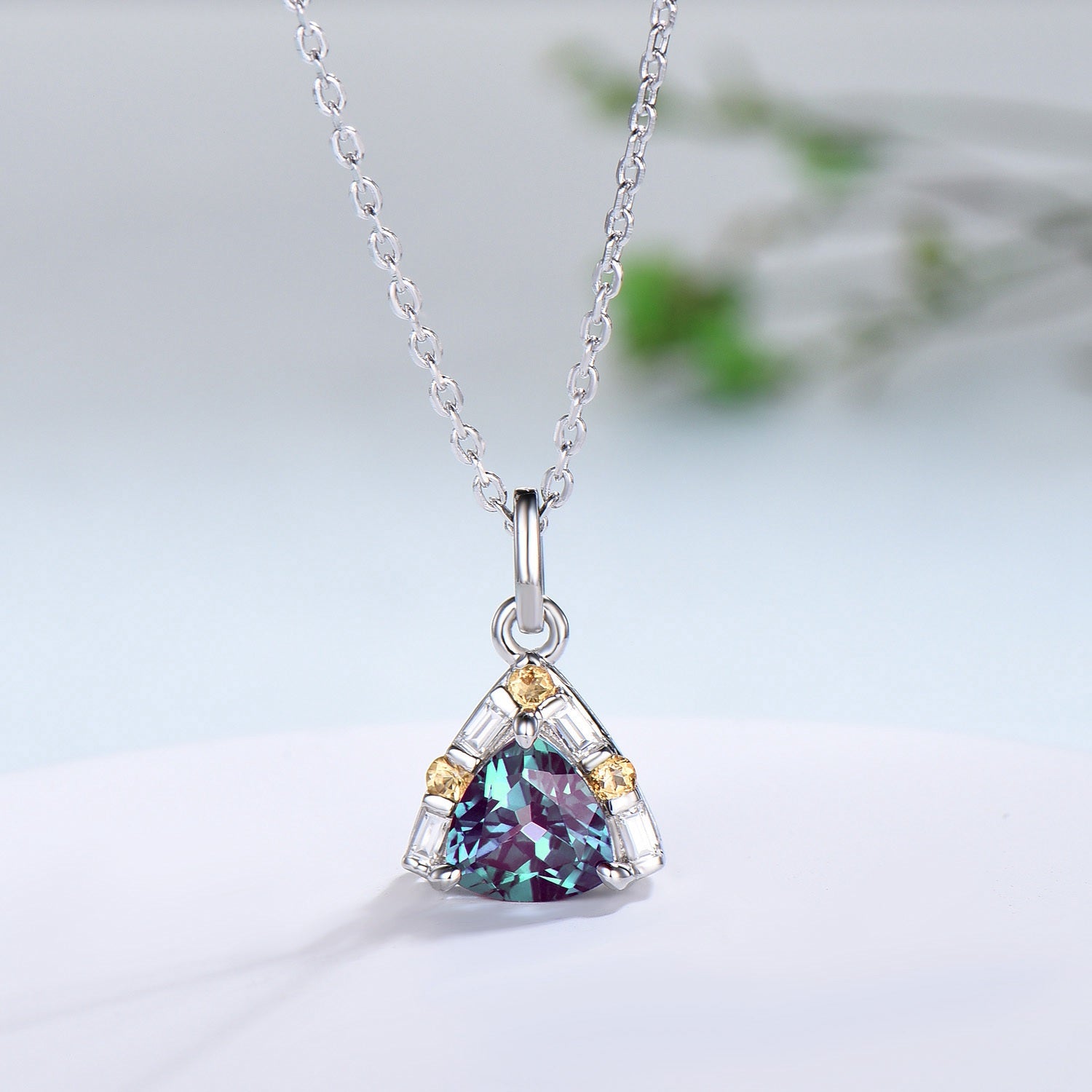Vintage Trilliant Alexandrite Pendant Necklace with Baguette Moissanite & Citrine in Silver Rose Gold - Elegant Engagement Gift for Women | Perfect for Weddings, Anniversaries, and Special Occasions