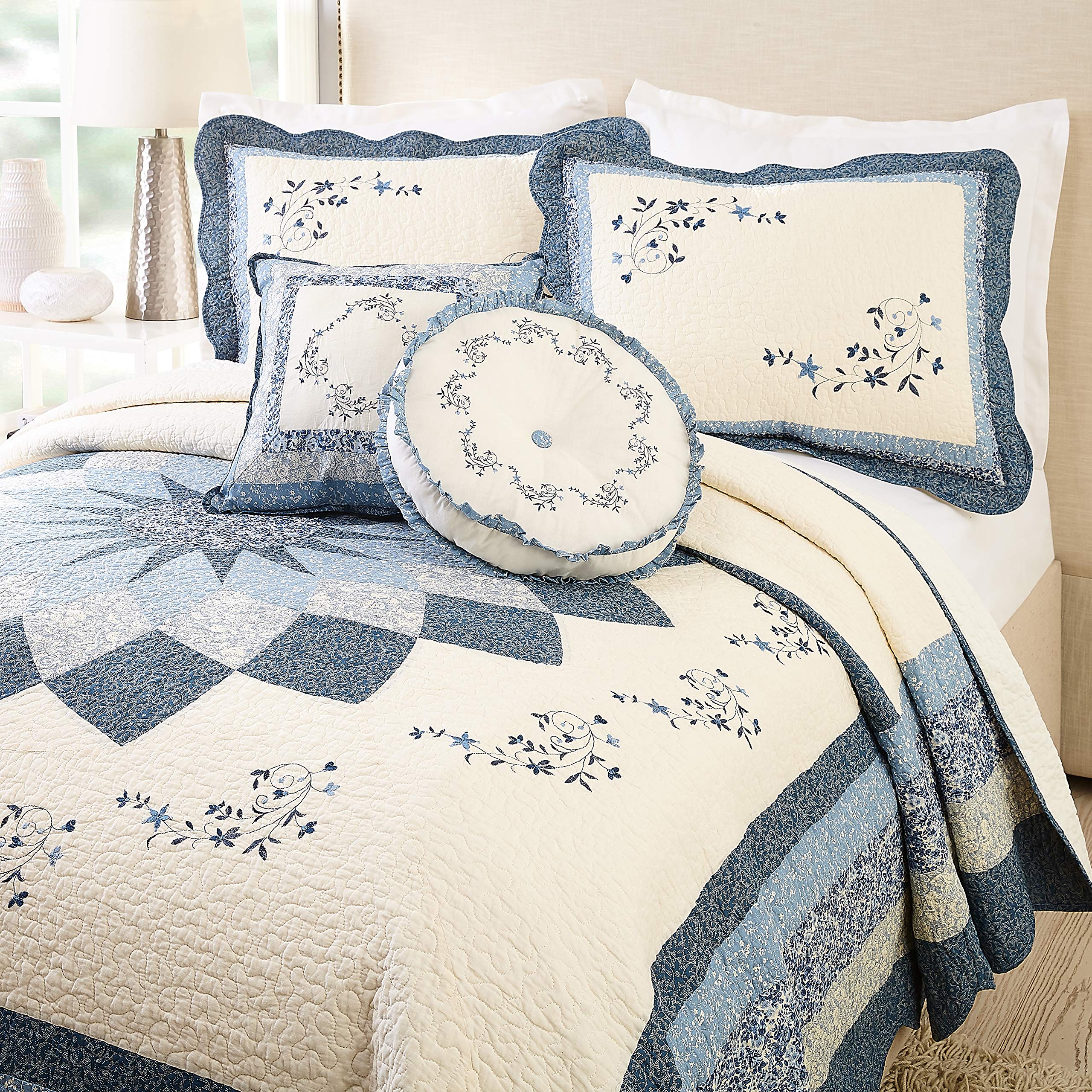 MH Embroidered Blue Floral Bedspread & 14'' Round Pillow Set - Perfect for Cozy Bedrooms & Boho Home Decor
