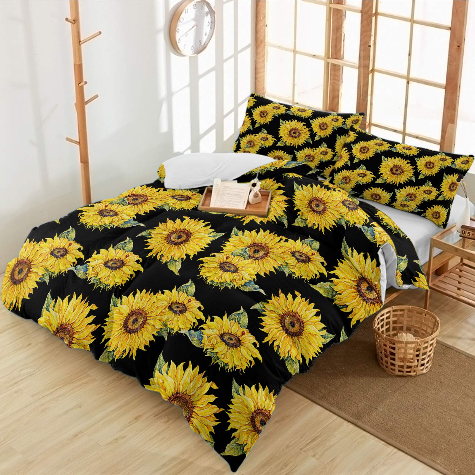 Vintage Yellow Sunflower Duvet Cover Set - 3 Piece Full Size Bedding Set with Pillowcases | Soft Microfiber Quilt Cover | Dark Blooming Floral Design for Cozy Bedroom Decor | Perfect for Guest Rooms, Master Bedrooms & Farmhouse Style Homes