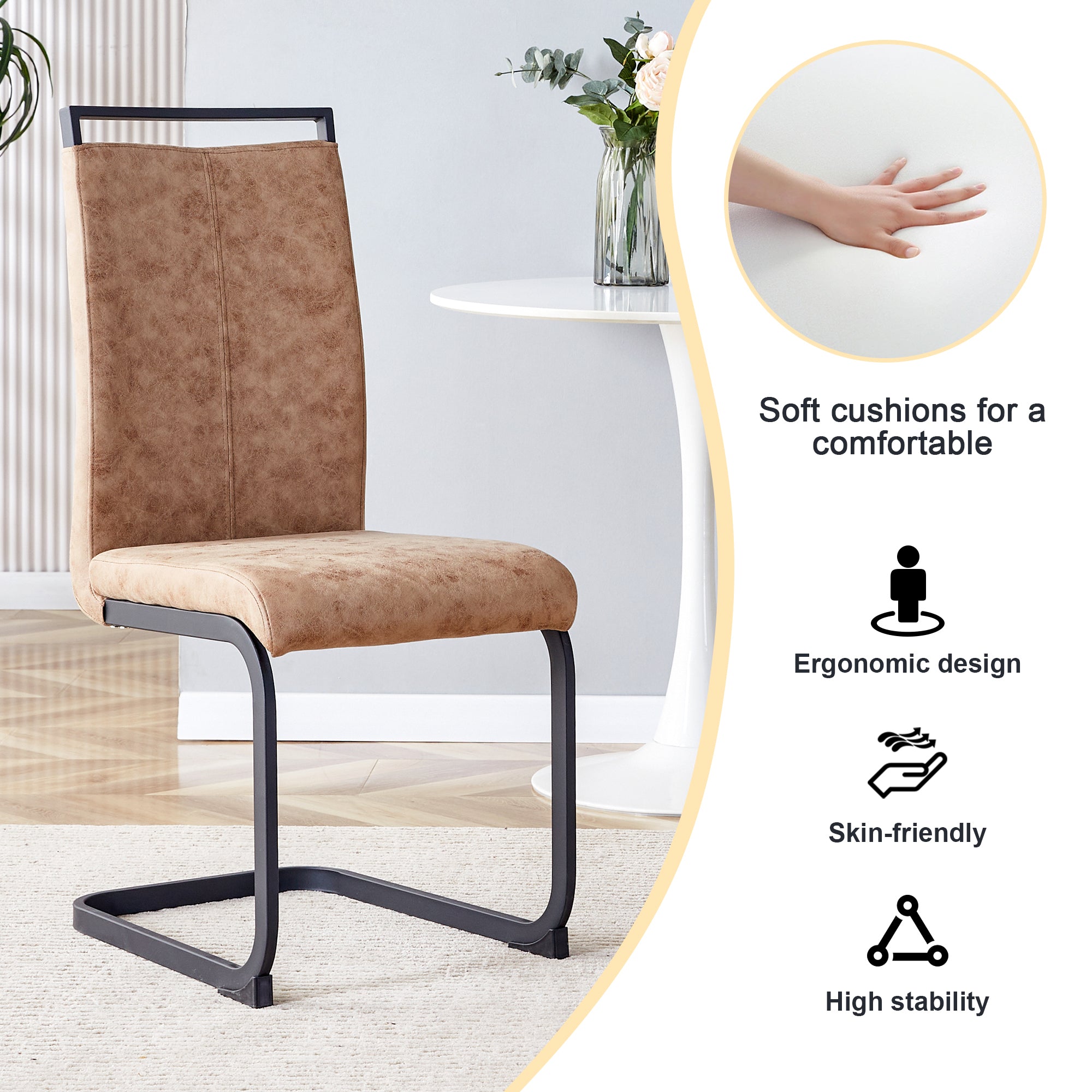 High Back Upholstered Dining Chairs Set of 2 - Modern Tech Fabric C-Shaped Tube Design with Black Metal Legs for Kitchen, Dining Room, Office, Patio & Guest Seating | Comfortable & Stylish Brown Chairs for Home Decor