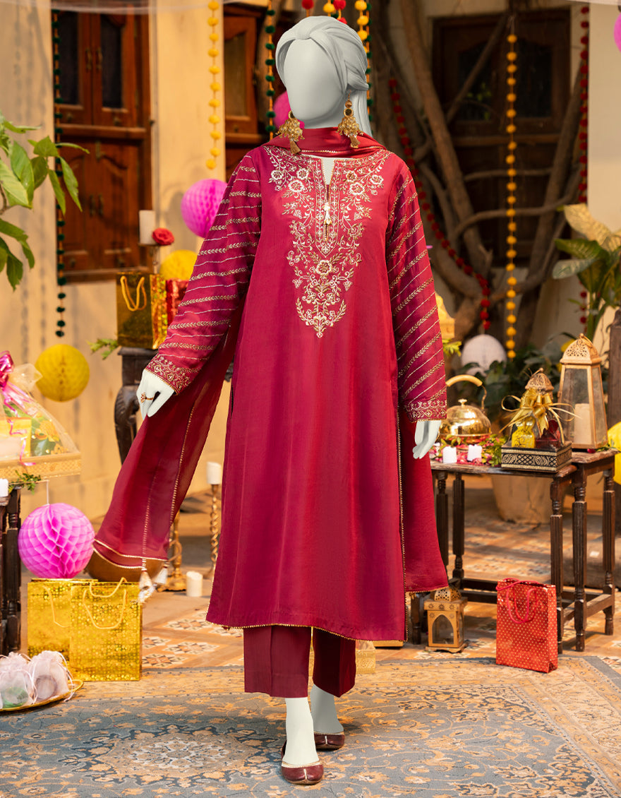 Elegant Red Chiffon Embroidered Suit by J. Junaid Jamshed - Perfect for Weddings, Parties & Special Occasions