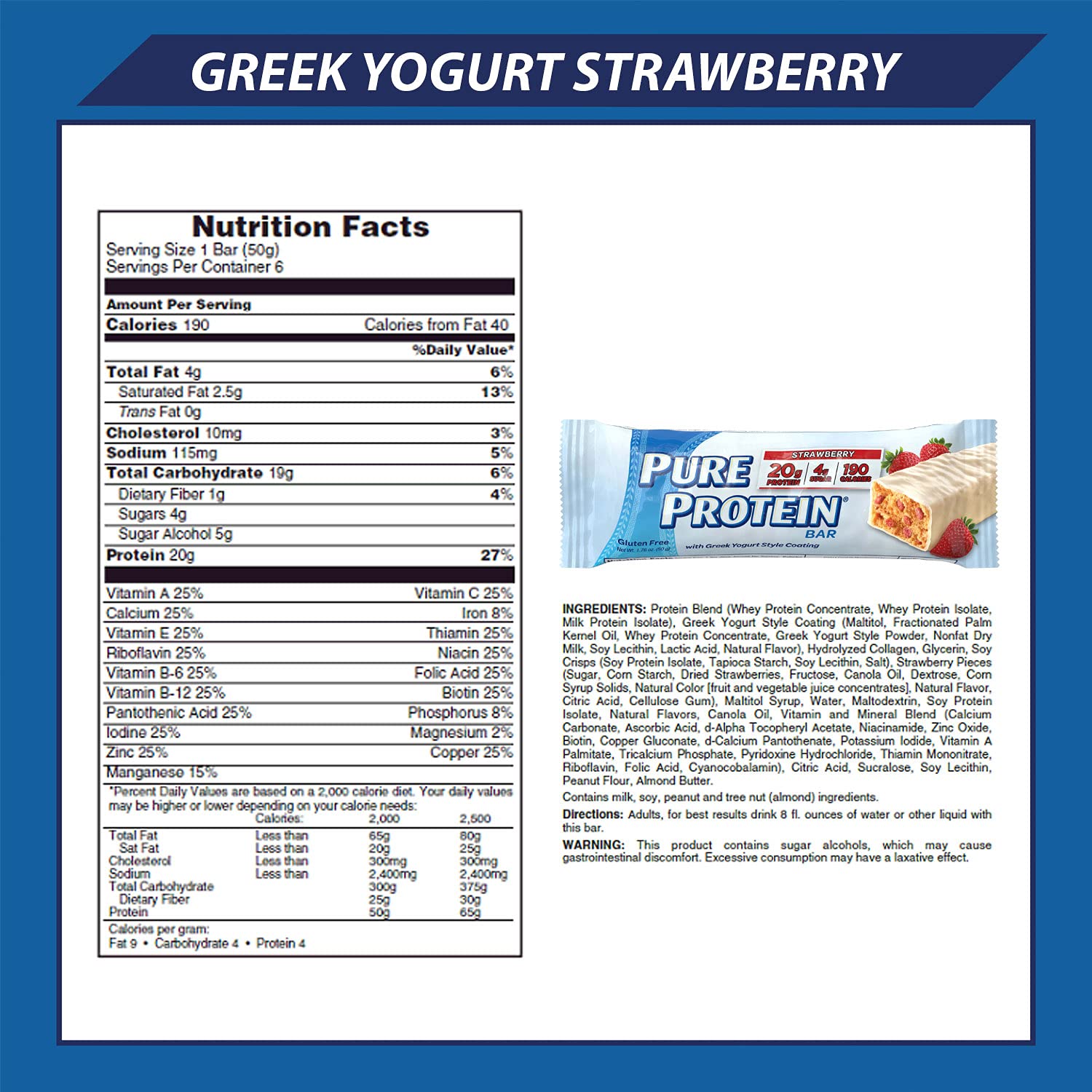 Pure Protein Bars - High Protein, Low Sugar, Gluten Free Snacks for Energy | Strawberry Greek Yogurt Flavor | 1.76oz Bars (6 Count, Pack of 3) - Perfect for Gym, Hiking & Healthy On-the-Go Snacking