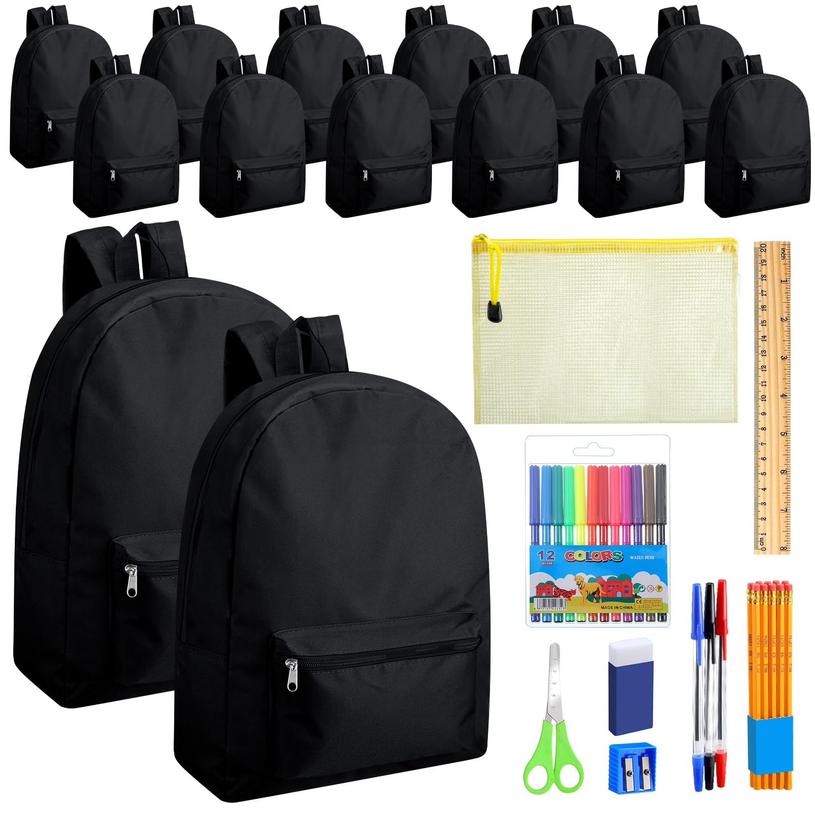 Silkfly 24-Piece Backpack Set with 17-Inch School Bags & 24 Stationery Kits - Complete Back to School Supplies for Kids (Black) - Perfect for Classroom, Homeschooling & Student Essentials