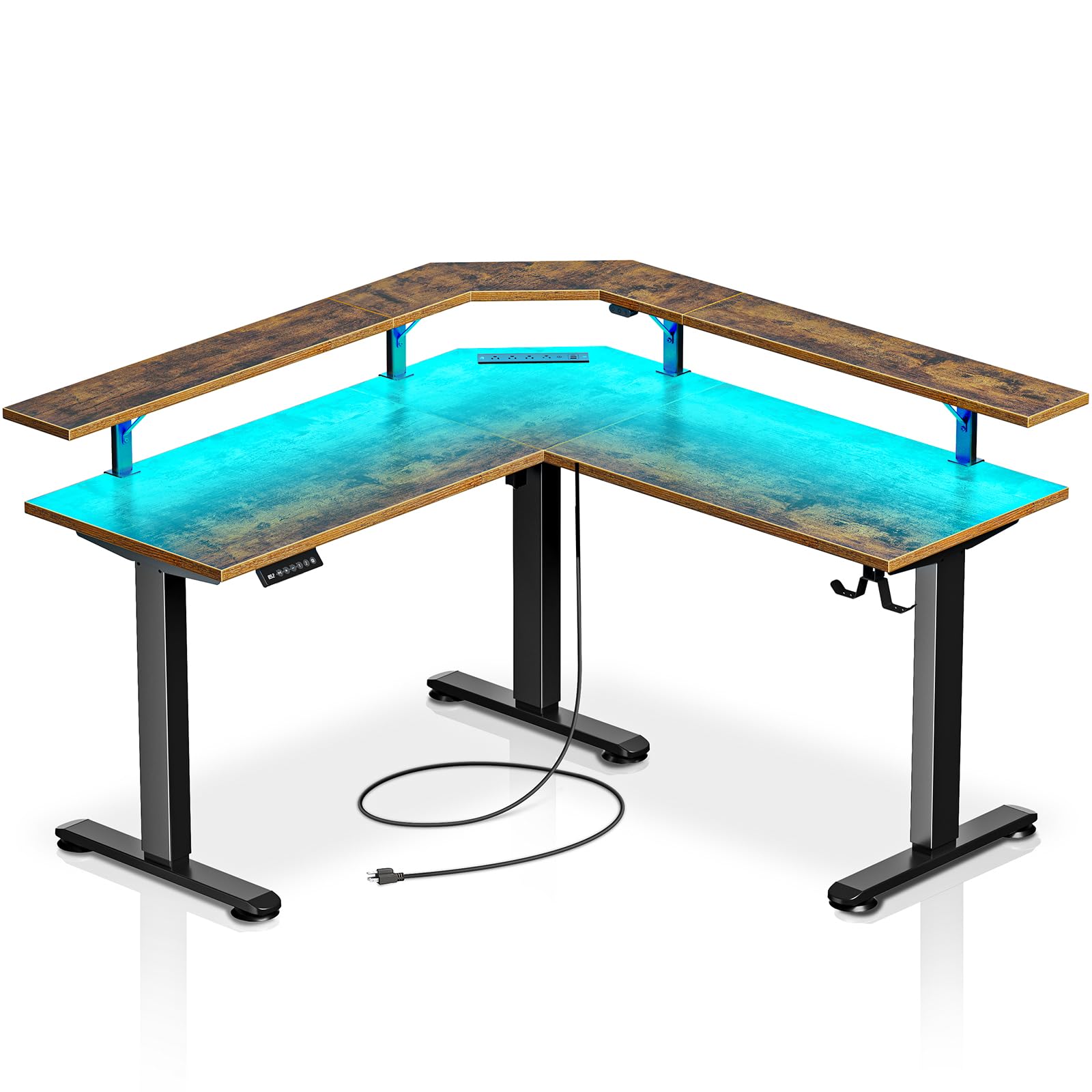 Rolanstar L-Shaped Electric Standing Desk with LED Light & Power Outlet - Height Adjustable Computer Desk with Monitor Stand in Rustic Brown - Perfect for Home Office, Gaming Setup & Workspace Ergonomics