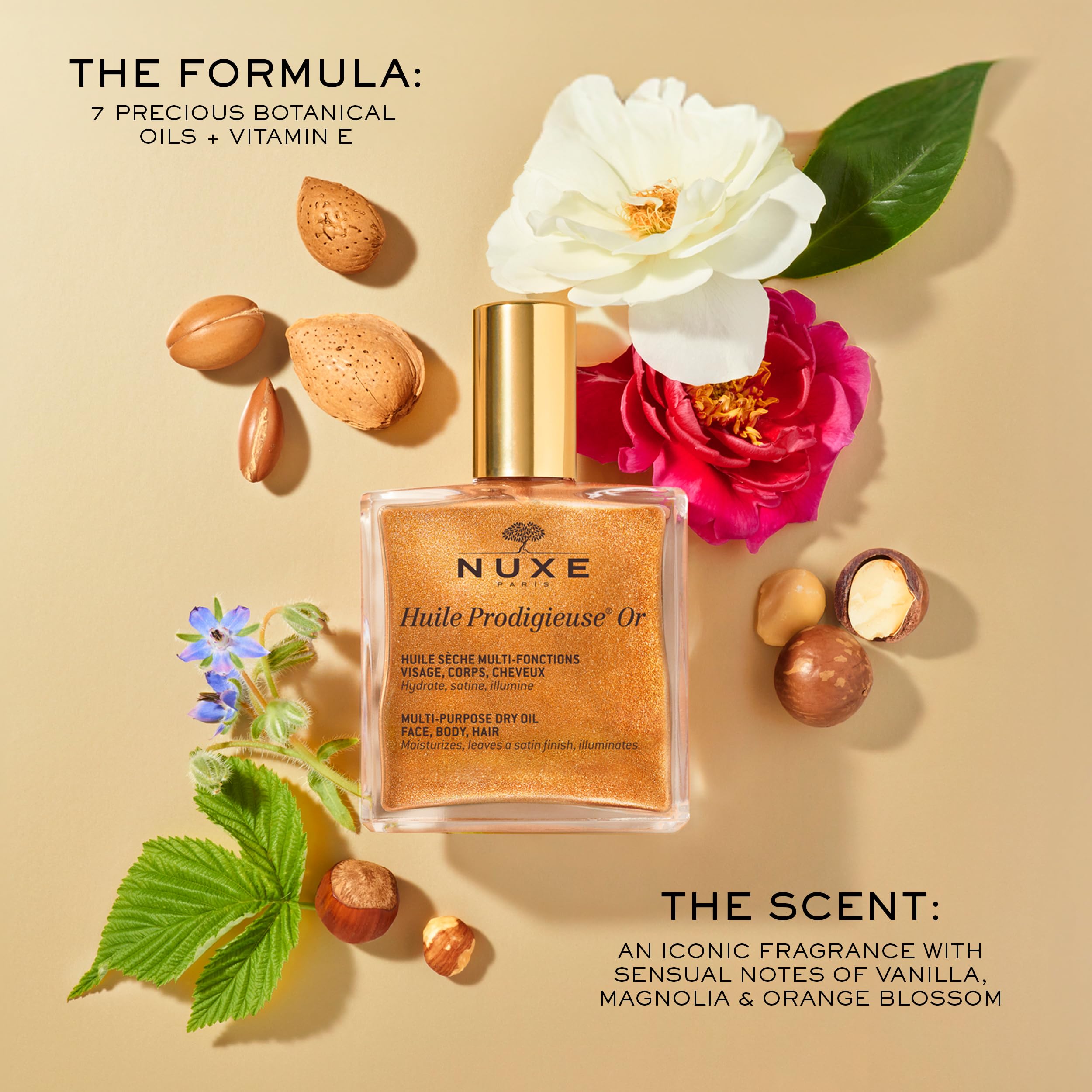 NUXE Huile Prodigieuse Shimmer Multi-Purpose Dry Oil - Face, Body & Hair Moisturizer with Golden Shimmer for Radiant Glow | Perfect for Date Night, Beach Vacation & Special Occasions