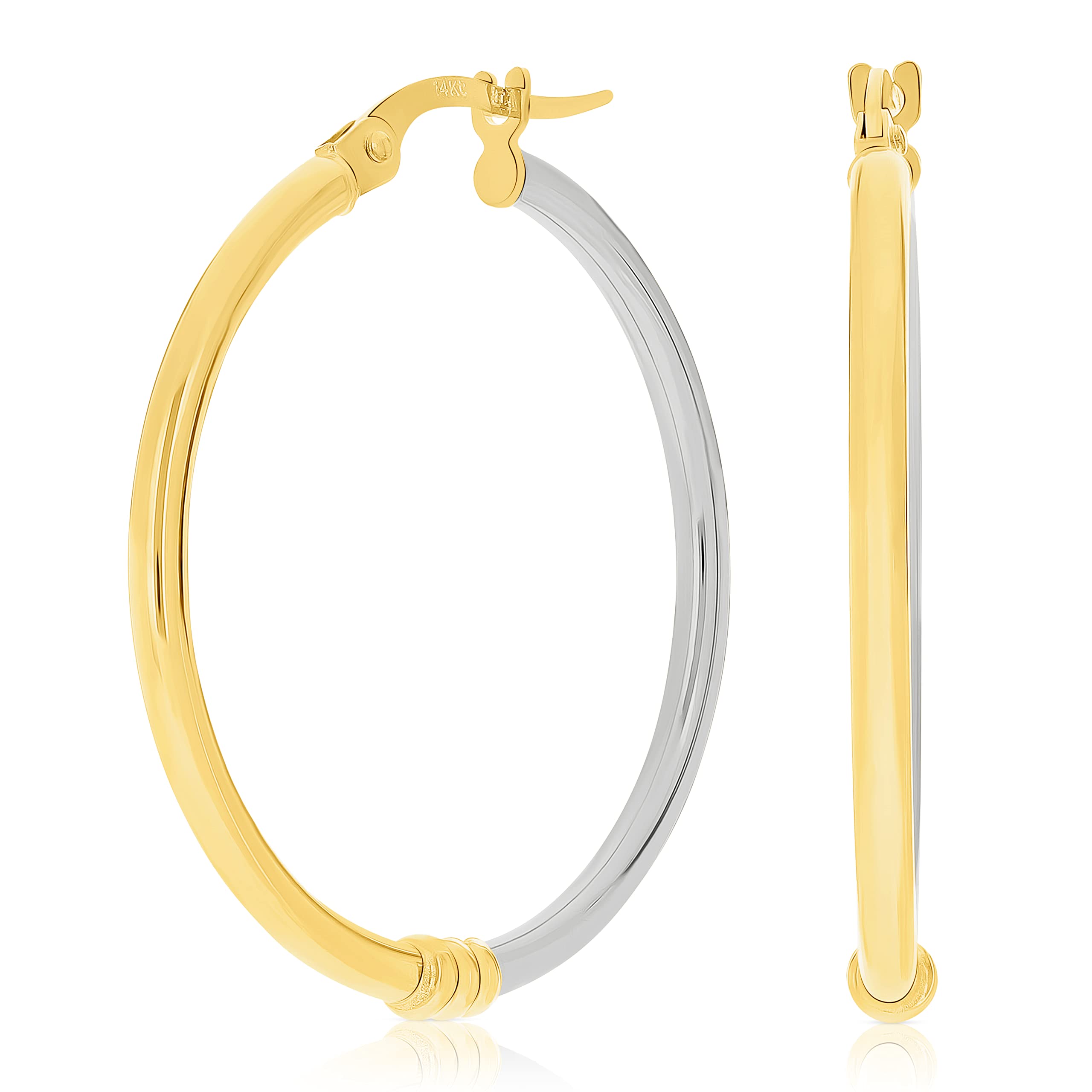 14K Italian Yellow & White Gold Hollow Hoop Earrings for Women - 1.2