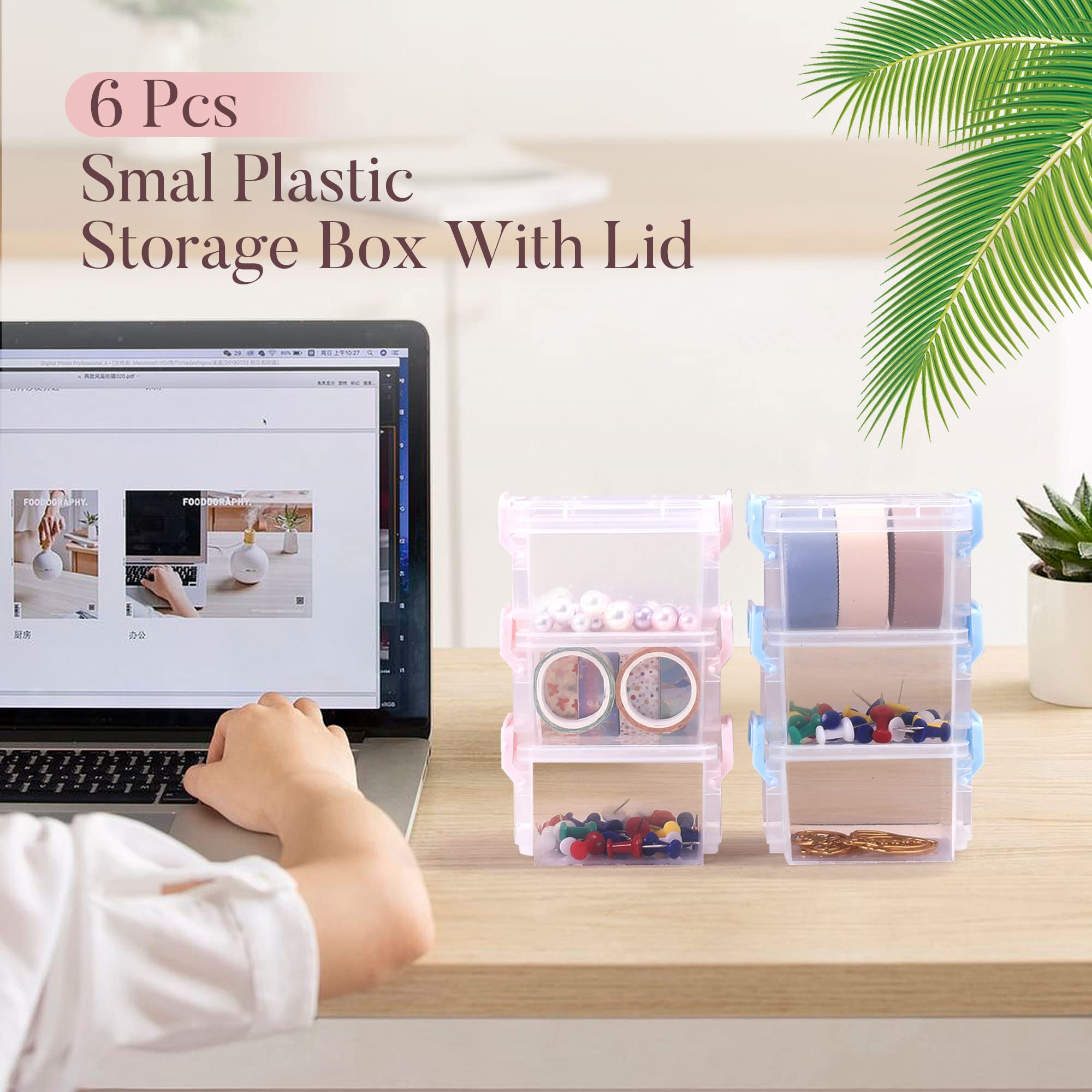 6 Pack Small Plastic Storage Bins with Lids - Colorful Stackable Bead Organizer Containers for Crafts, Jewelry & Small Items - Green & Pink - Perfect for Craft Rooms, Office & Home Organization