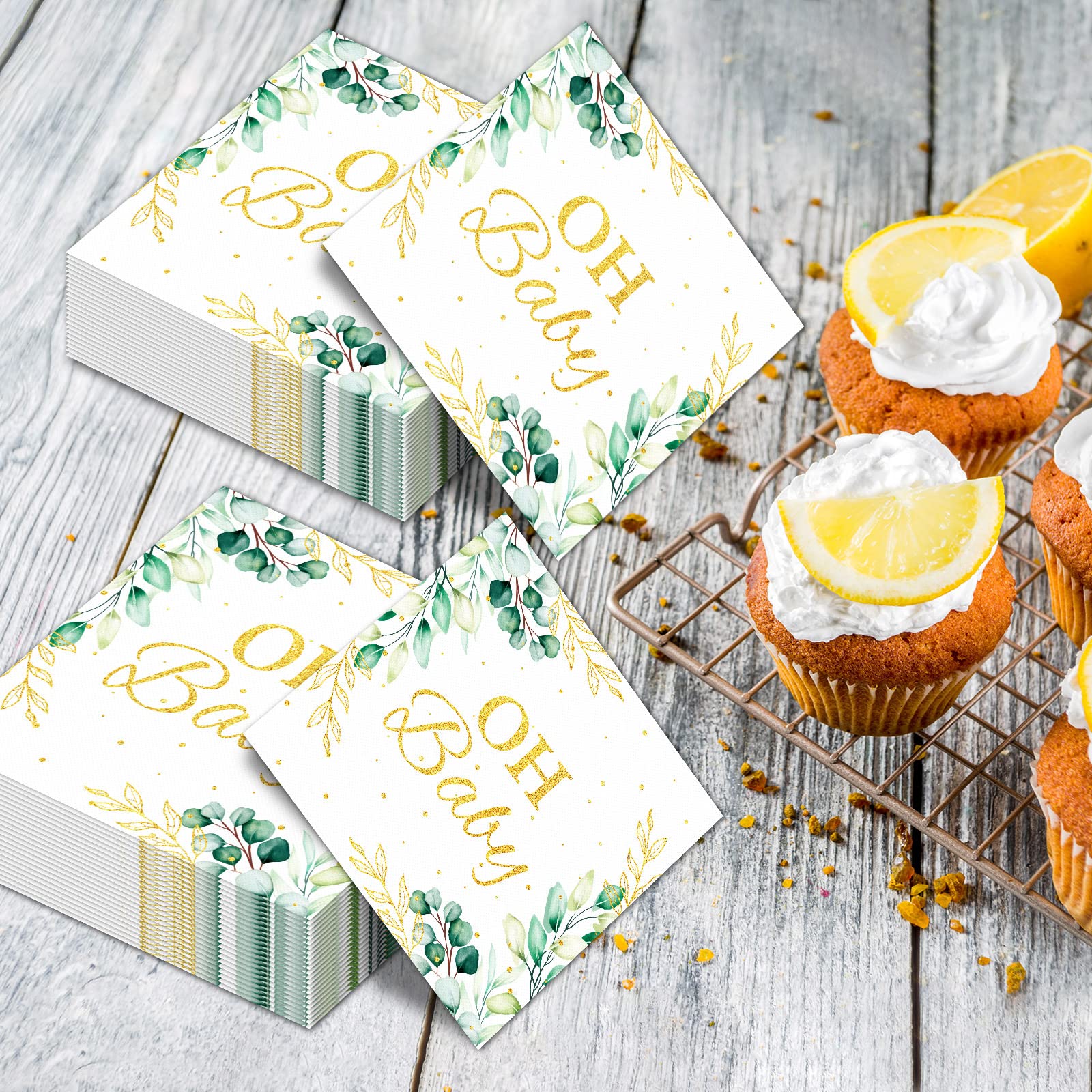 Premium Eucalyptus Leaf Design Disposable Paper Napkins - 100 Pack, Sage Green Baby Shower Party Supplies for Boys Girls Kids, Elegant Table Decorations for Luncheons, Bridal Showers & Birthday Parties