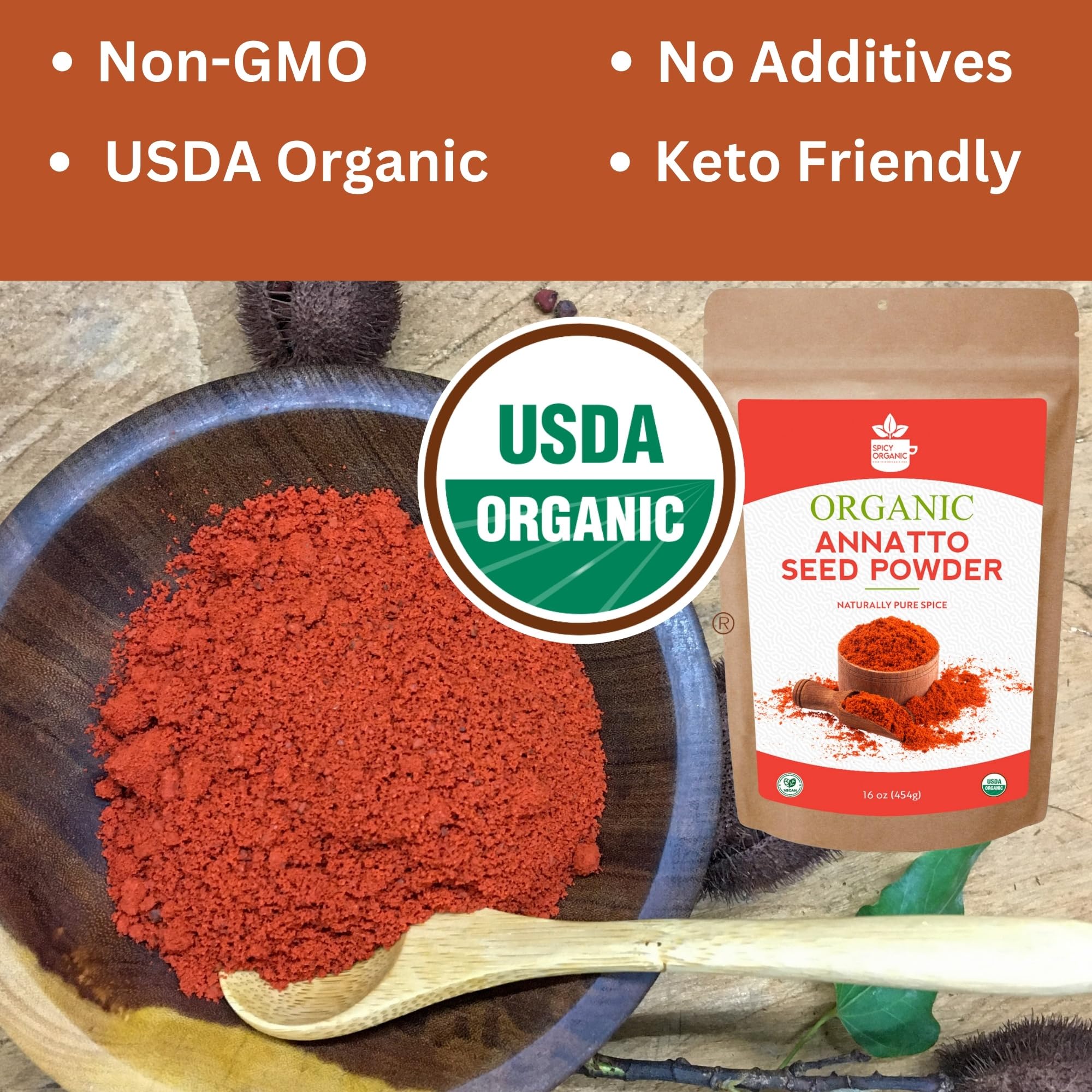 Organic Annatto Powder 4 oz - USDA Certified Ground Achiote Seed Spice for Seasoning, Cooking & Natural Food Coloring | Perfect for Latin, Caribbean & Filipino Cuisine, Rice Dishes & Marinades