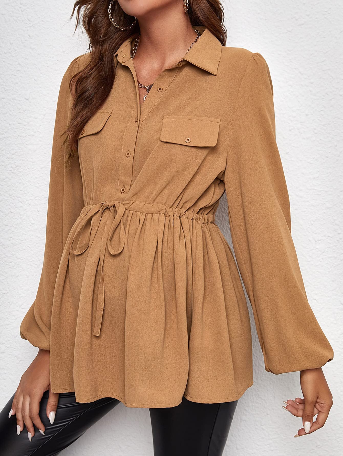Floerns Women's Maternity Tunic Top - Long Sleeve Peplum Blouse with Drawstring Waist for Pregnancy Comfort | Perfect for Office Wear, Baby Showers & Maternity Photos