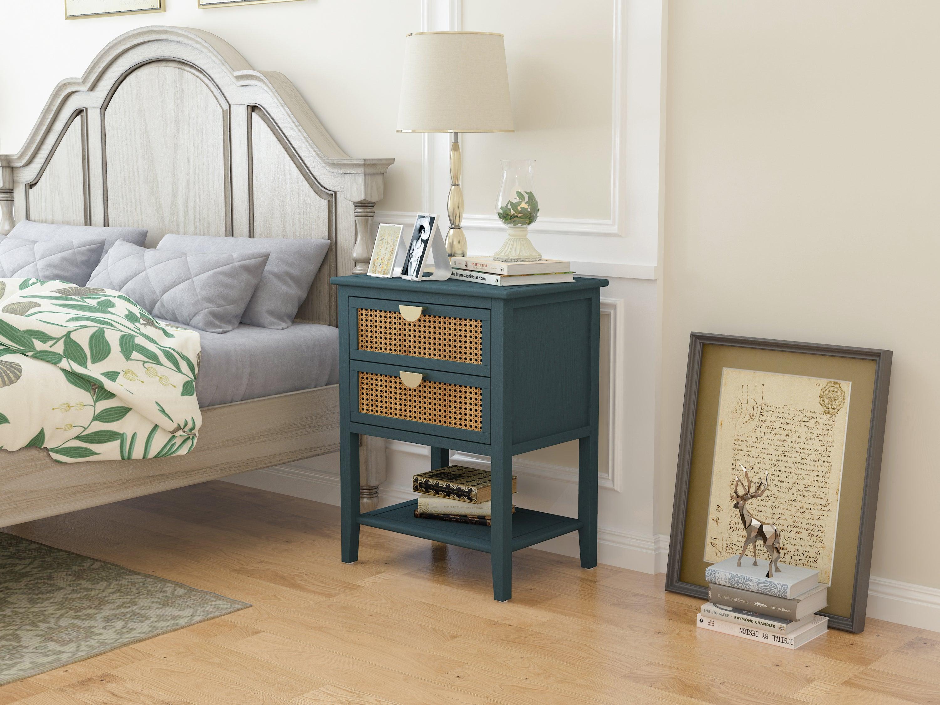 2 Drawer Rattan Side Table - Natural Woven End Table for Bedroom, Living Room, Study - Perfect Nightstand & Coffee Table for Small Spaces