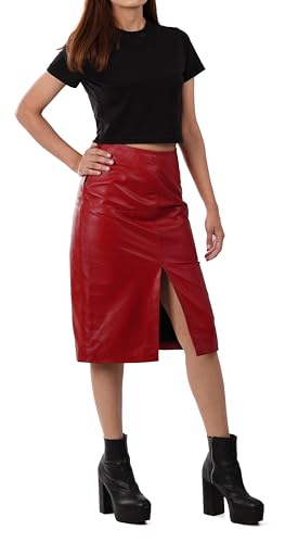 Renee - Red Knee Length Leather Skirt