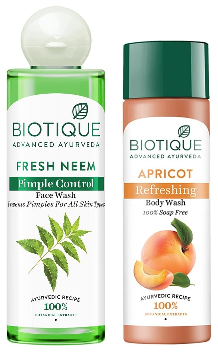 Biotique Bio Apricot Refreshing Body Wash 190ml & Bio Neem Purifying Face Wash 200ml - Natural Skincare Set for Hydration & Acne Control - Perfect for Daily Shower & Facial Cleansing Routine