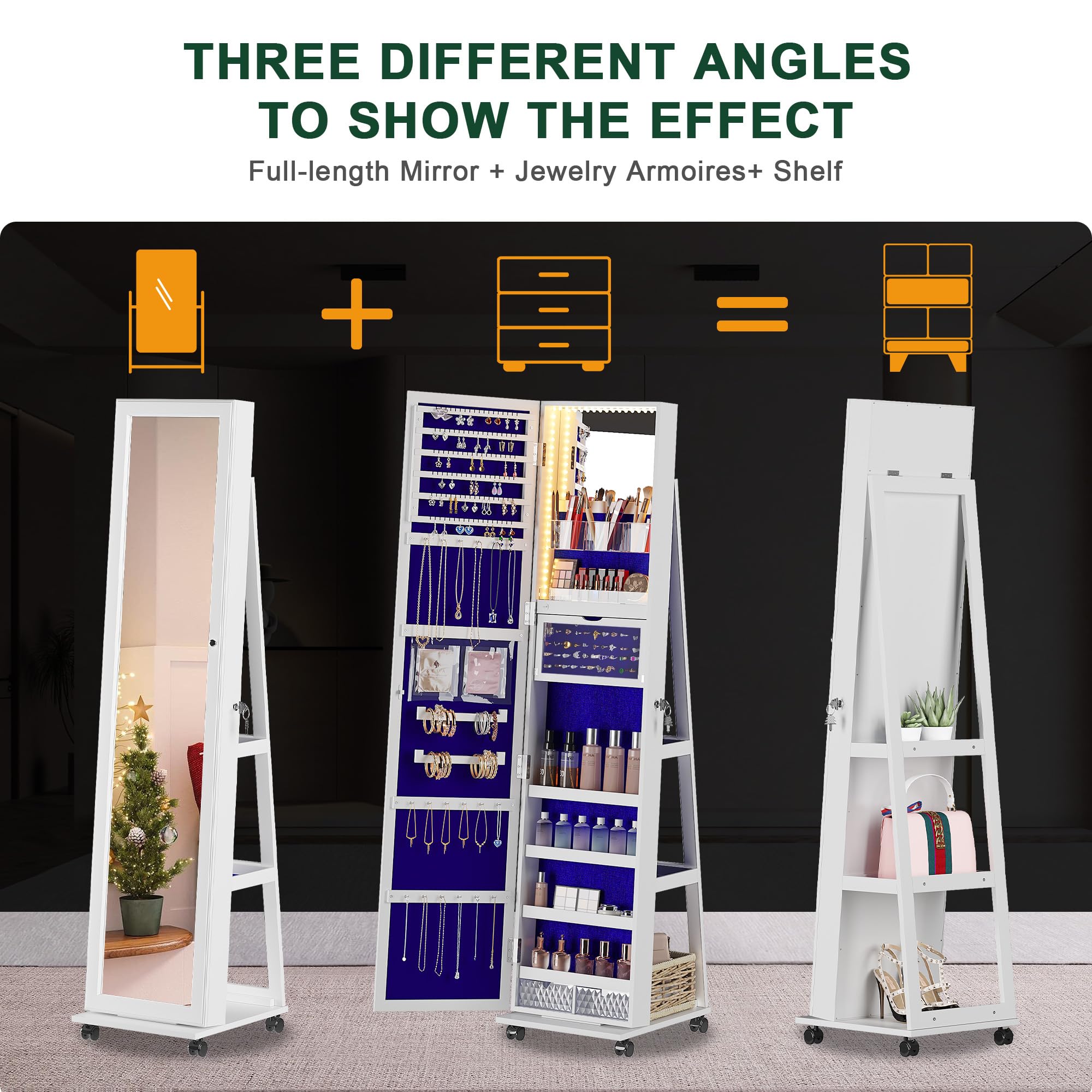 360° Rotating Jewelry Armoire with LED Lights & Lockable Cabinet - Full Length Mirror with Jewelry Storage - Large Jewelry Organizer with Wheels & Foldable Makeup Shelf (White) - Perfect for Bedroom, Dressing Room & Closet Organization