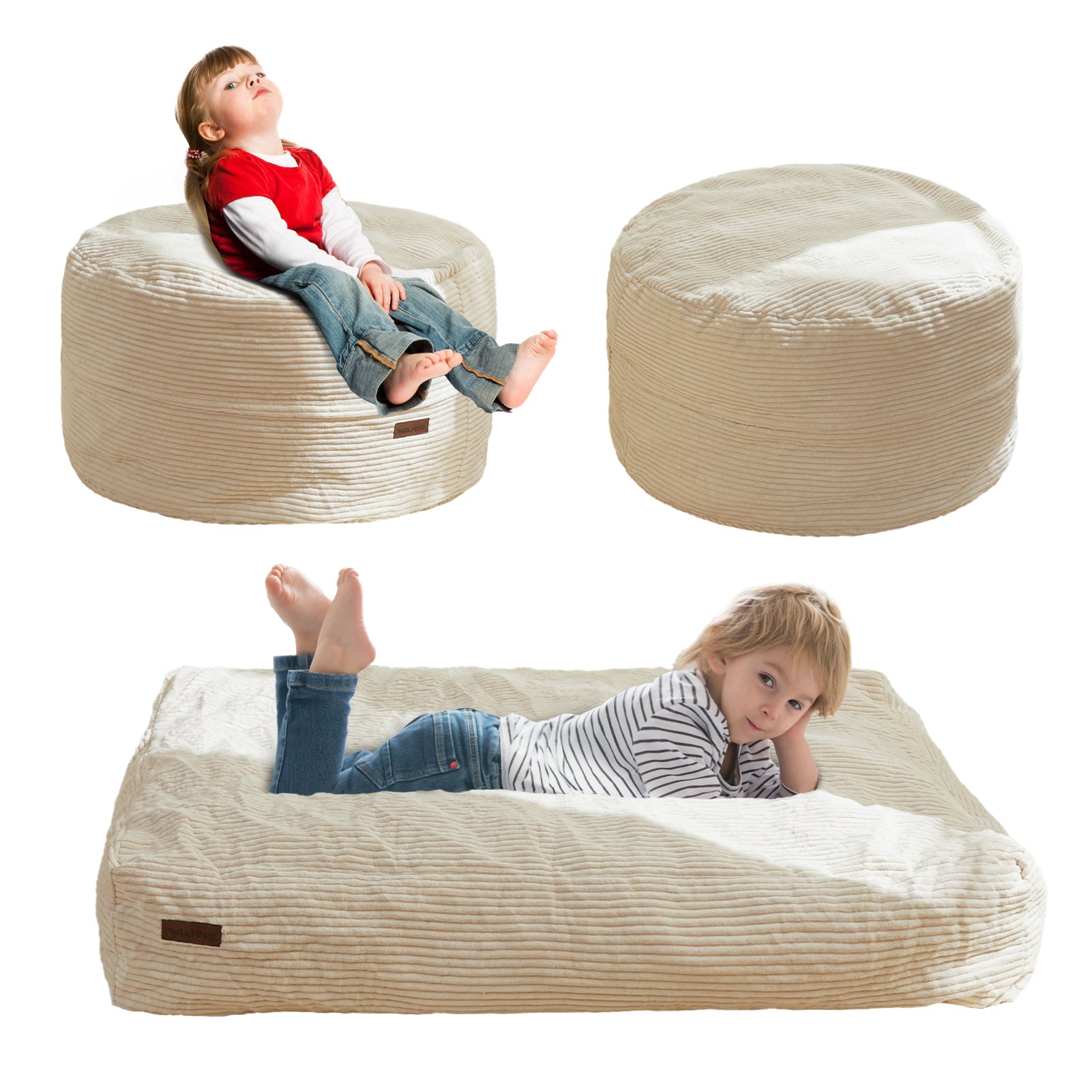 MAXYOYO Kids Corduroy Bean Bag Chair Bed - Convertible Floor Mattress & Lounge Chair for Boys & Girls, Soft Beige | Perfect for Playroom, Bedroom & Dorm Room