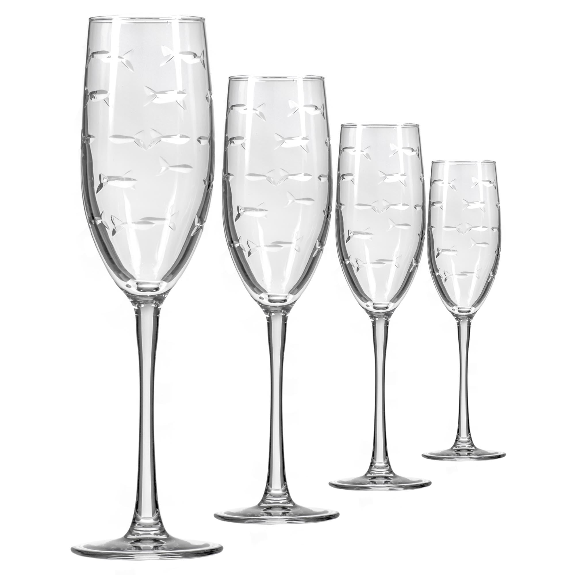 Premium Rolf Glass School of Fish 8oz Champagne Flutes - Set of 4 Lead-Free Crystal Clear Etched Flute Glasses | Handcrafted in USA | Perfect for Weddings, Anniversaries & Special Celebrations