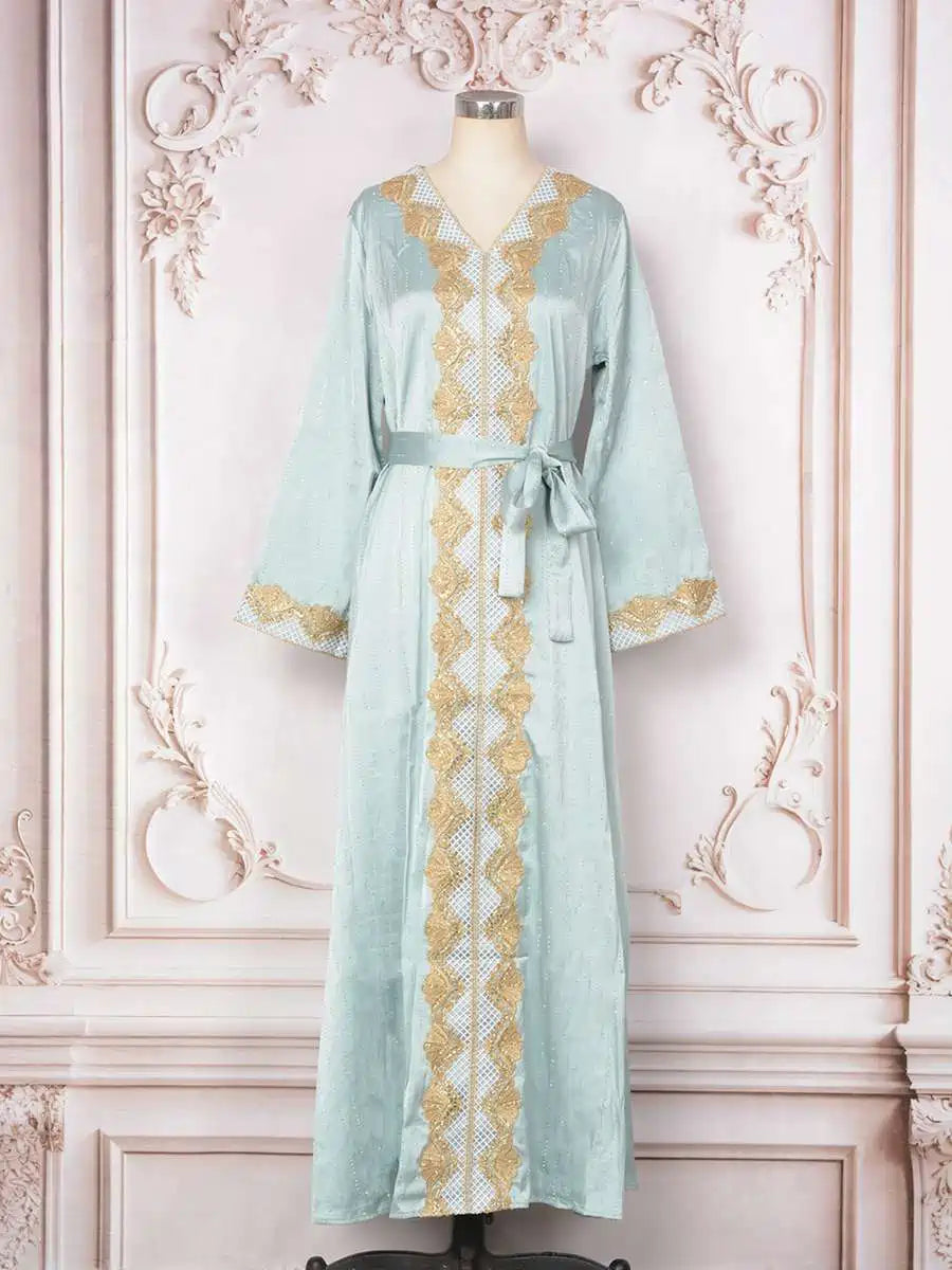Hotfix Rhinestone Eid Dress for Muslim Women - Elegant Caftan Kaftan Dress for Eid al-Fitr & Special Occasions