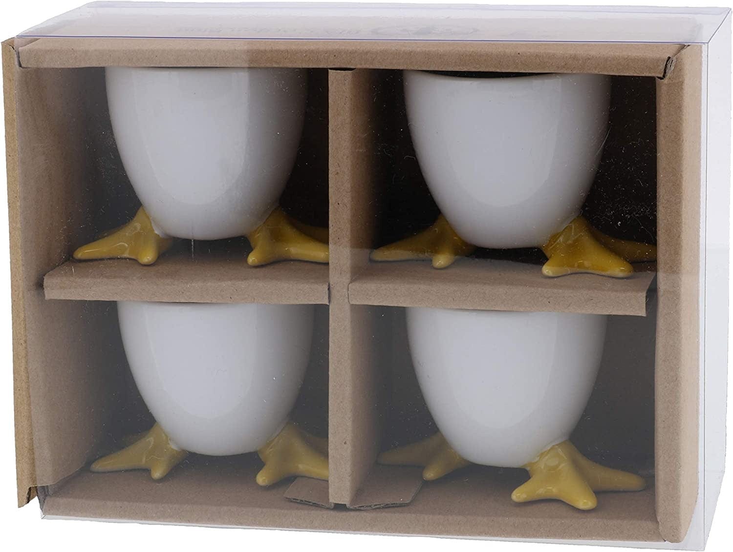 Set of 4 White Chicken Footed Egg Cups with Yellow Feet - Fun Farmhouse Kitchen Decor for Easter Brunch or Breakfast Table Setting