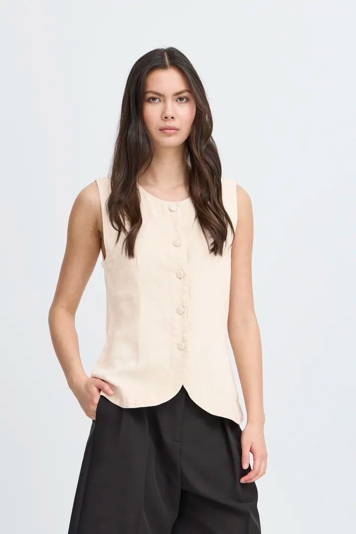 Linno Sleeveless Waistcoat Top for Women - Natural Ecru Summer Vest, Casual Office Wear & Layering Piece