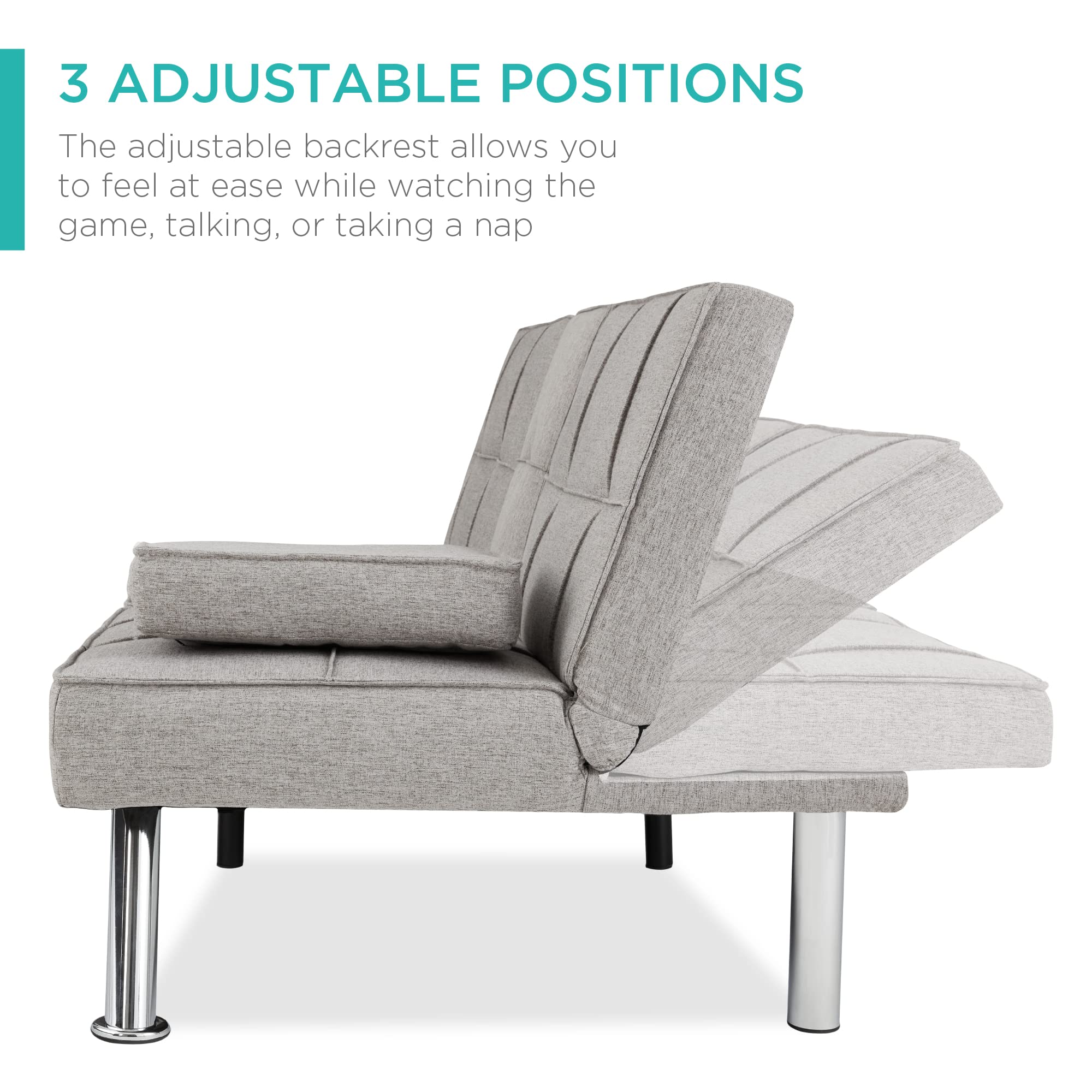 Best Choice Products Modern Folding Futon Sofa Bed - Light Gray Linen Recliner with Removable Armrests & 2 Cup Holders for Small Spaces, Apartments, Dorms | Perfect for Guest Beds, Lounging & Studio Living