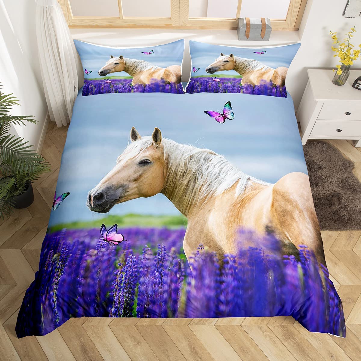 **Purple Lavender Castle Fairy Horse Twin Bedding Set – Floral Butterfly Duvet Cover with 1 Pillow Sham, Kids Boys Room Decor, Wild Animal & Natural Floral Quilt Cover Set (2 Pcs) – Perfect for Nursery, Bedroom, and Fantasy-Themed Decor**