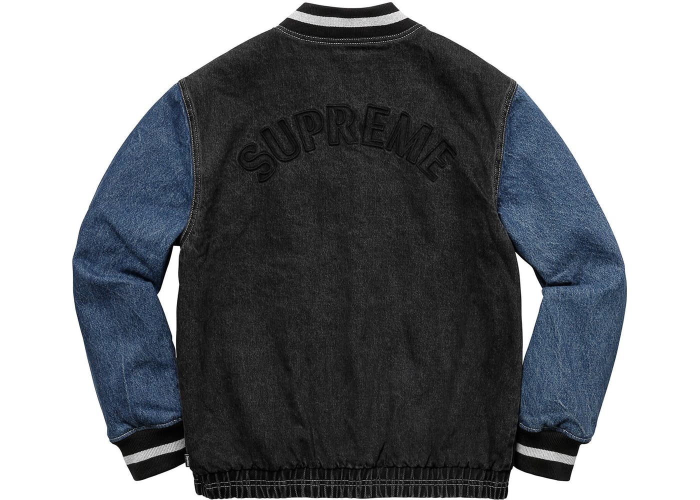 Supreme Black Denim Varsity Jacket for Men - Stylish Casual Outerwear for Streetwear, Hip Hop Fashion & Urban Lifestyle