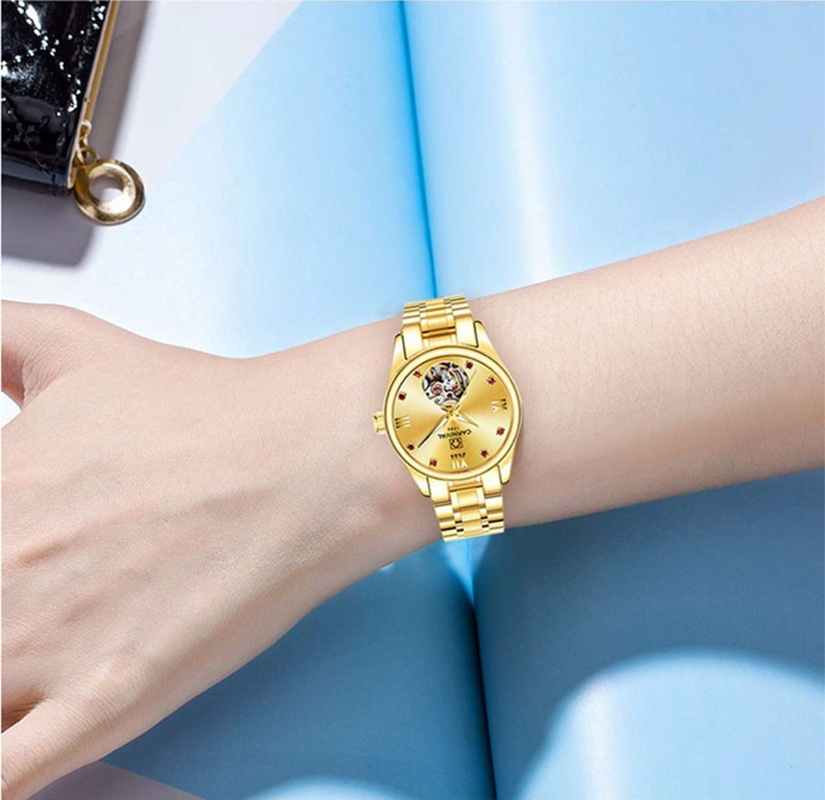 MASTOP Luxury Women's Automatic Mechanical Diamond Skeleton Watch - Waterproof Stainless Steel Dress Watch for Business & Casual Wear | Perfect for Office, Party & Everyday Use