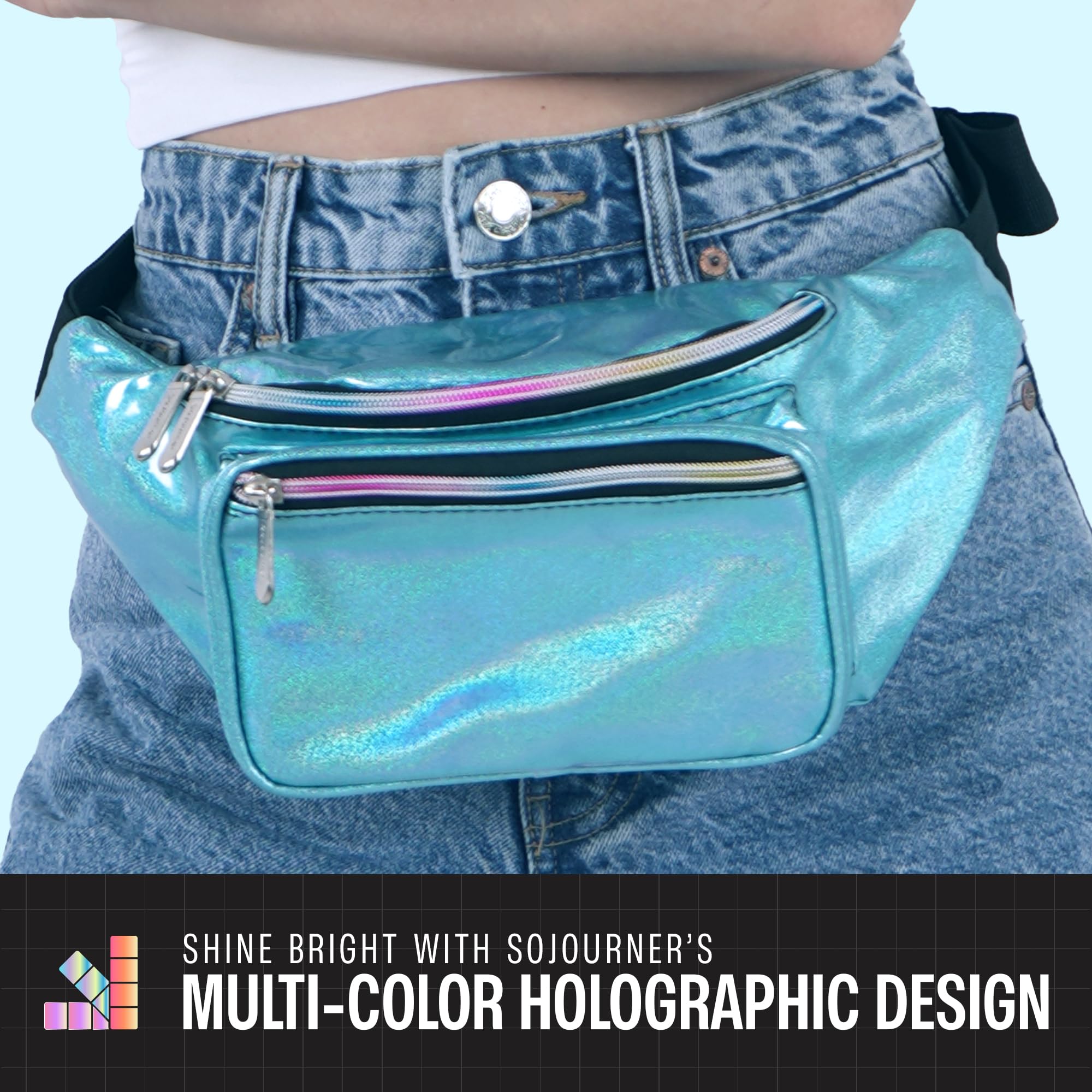 Holographic Fanny Pack Belt Bag for Men & Women - Waterproof Crossbody Waist Bag - Hands-Free Bumbag for Hiking, Running, Travel & Everyday Use - Blue Glitter - Perfect for Outdoor Adventures, Gym & Shopping
