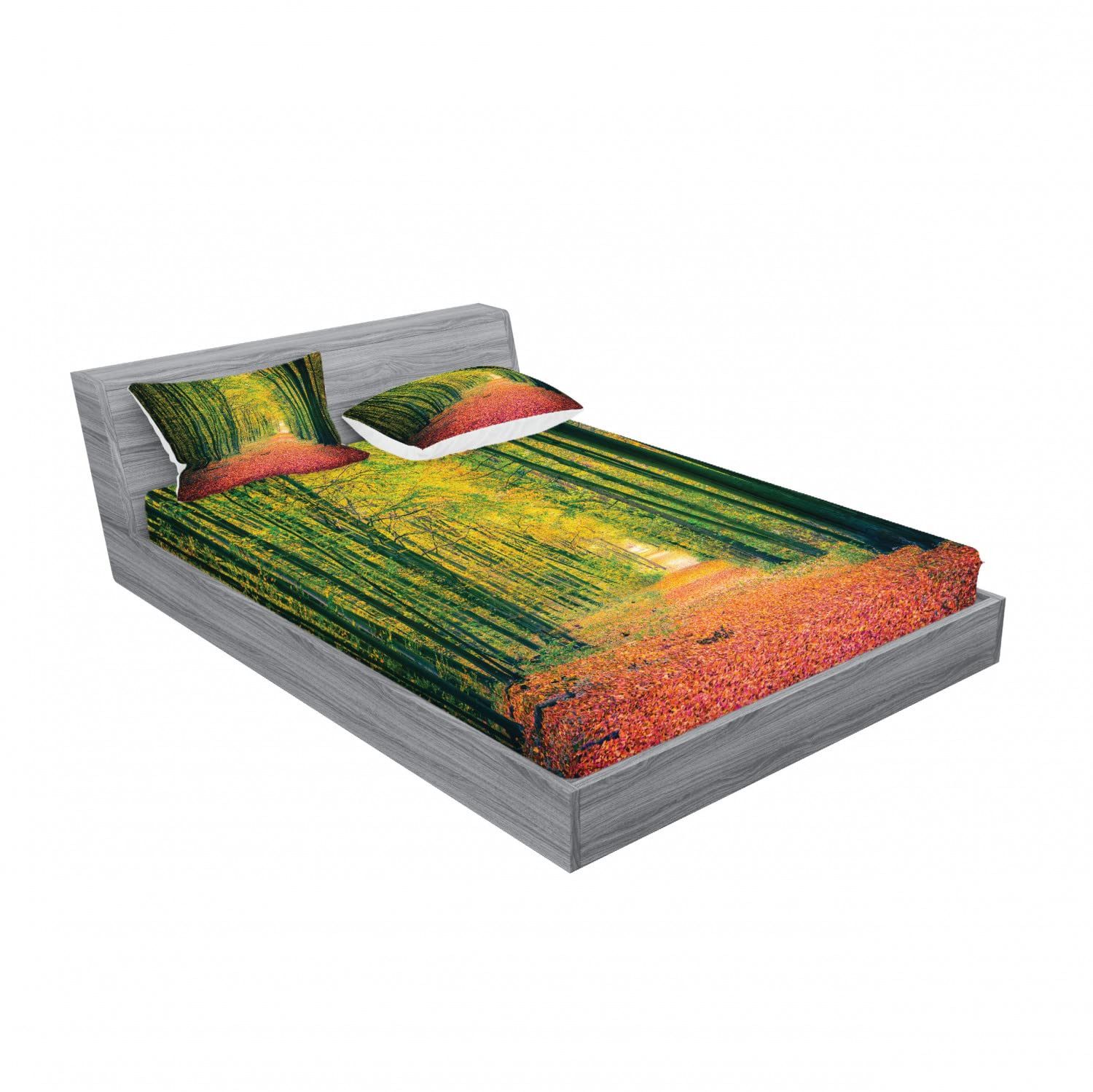 Ambesonne Autumn 2-Piece Queen Fitted Sheet Set with 4 Pillow Shams - Warm Fall Leaves & Forest Road Design, Soft Jersey Knit Bedding for Cozy Seasonal Decor | Perfect for Guest Rooms, Cabins & Autumn-Themed Bedrooms