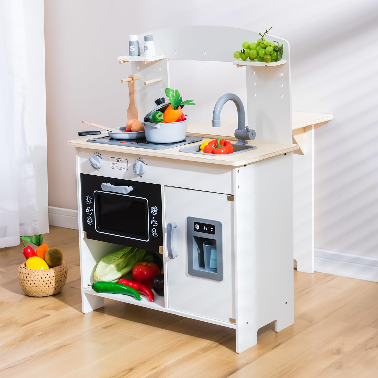 **Deli Kids Wooden Play Kitchen Set for Toddlers - Realistic Lights & Sounds, Stove, Oven, Ice Maker, Sink & Faucet - Pretend Cooking Toy for Imaginative Play & Role-Playing Fun**
