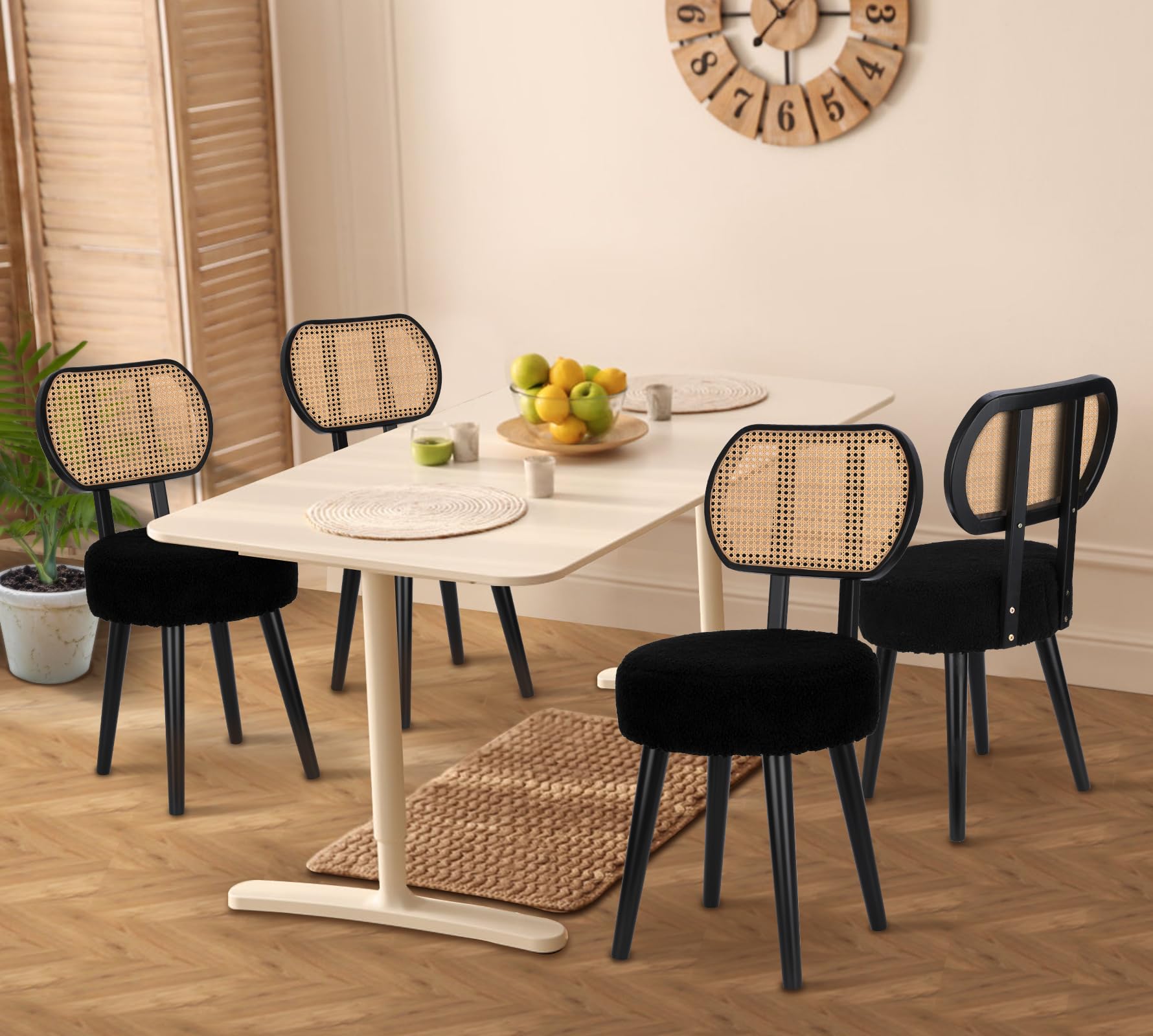 ZYBT Rattan Dining Accent Chair - Upholstered Wood Boucle Boho Mid Century Vanity Chair, 1 Piece - Perfect for Dining Room, Bedroom, or Boho Home Decor
