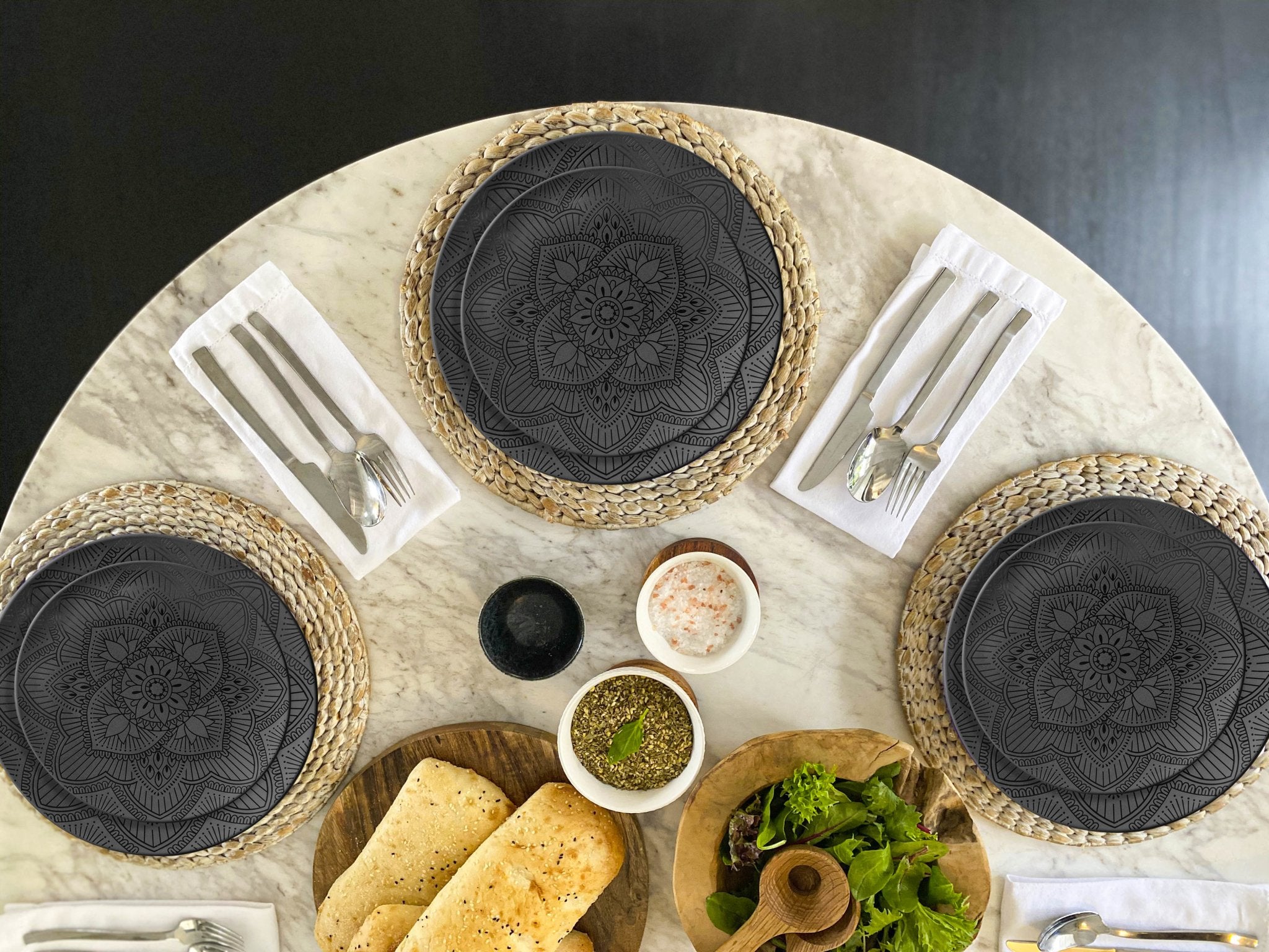 12-Piece La La Mandala Melamine Dinner Plate & Bowl Set - Black - Durable & Stylish for Outdoor Picnics, Camping, and Party Dining