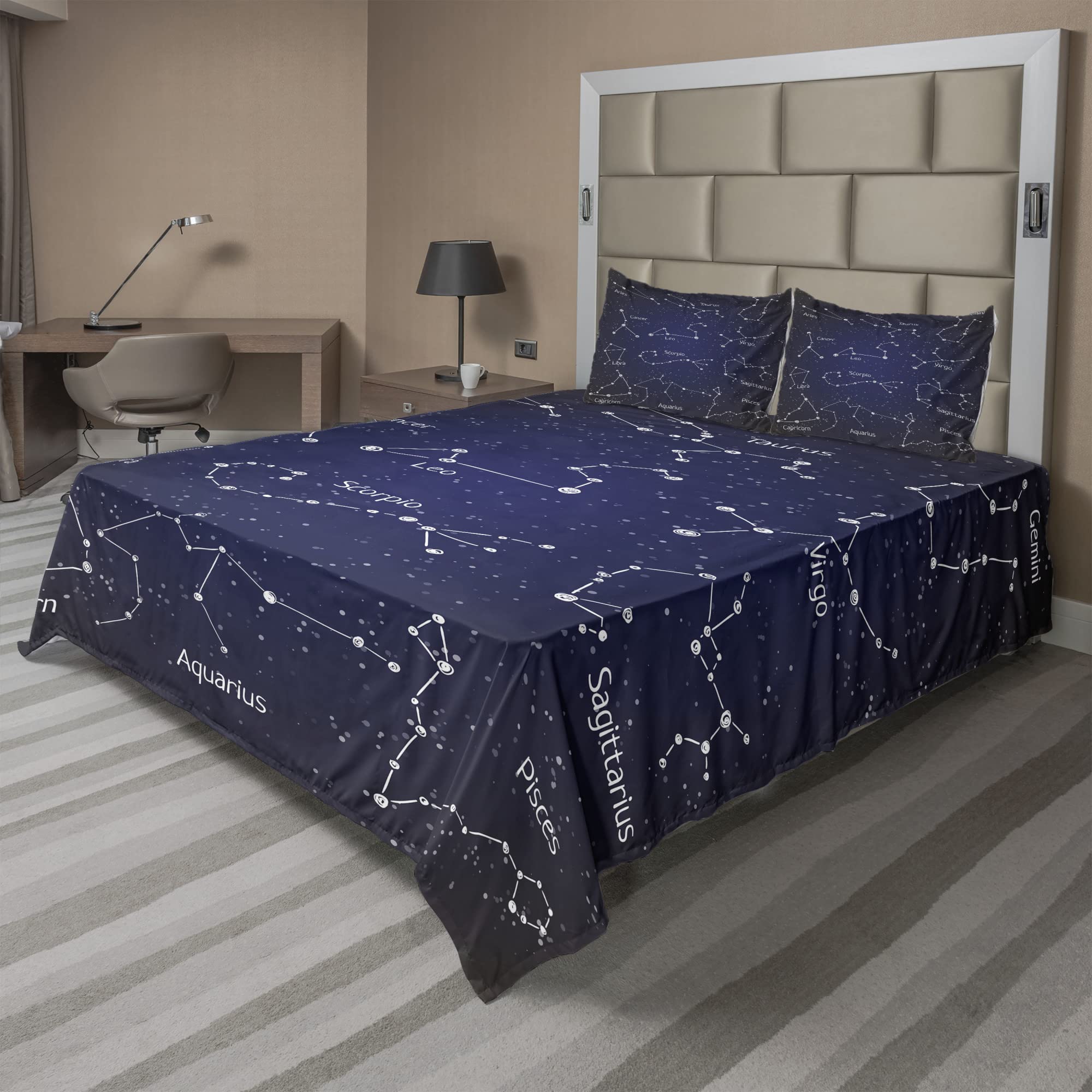 Ambesonne 4-Piece Queen Constellation Sheet Set - Zodiac Star Clusters & Sign Names in Chalk Doodle Style, Dark Blue & White Bedding - Perfect for Astronomy Lovers' Bedrooms & Cozy Stargazing Nights