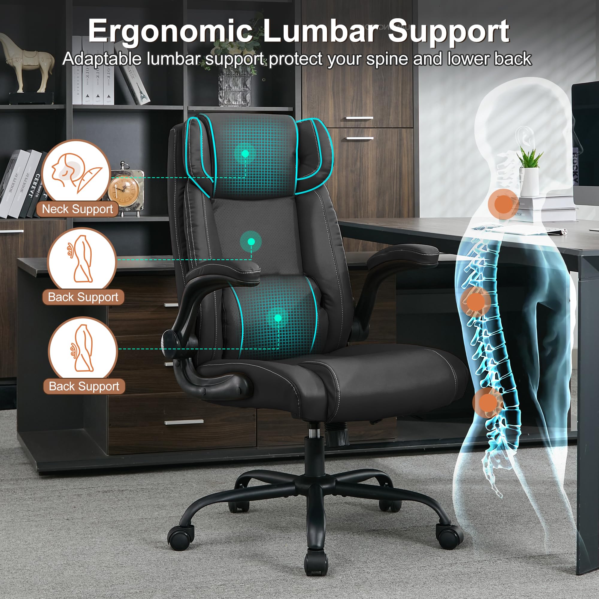 Ergonomic Mid Back Executive Leather Office Chair - Adjustable Flip-Up Arms & Rocking Function - Comfortable Computer Desk Chair for Home & Office Workspace (Black) - Perfect for Long Hours of Work, Gaming, and Video Conferencing