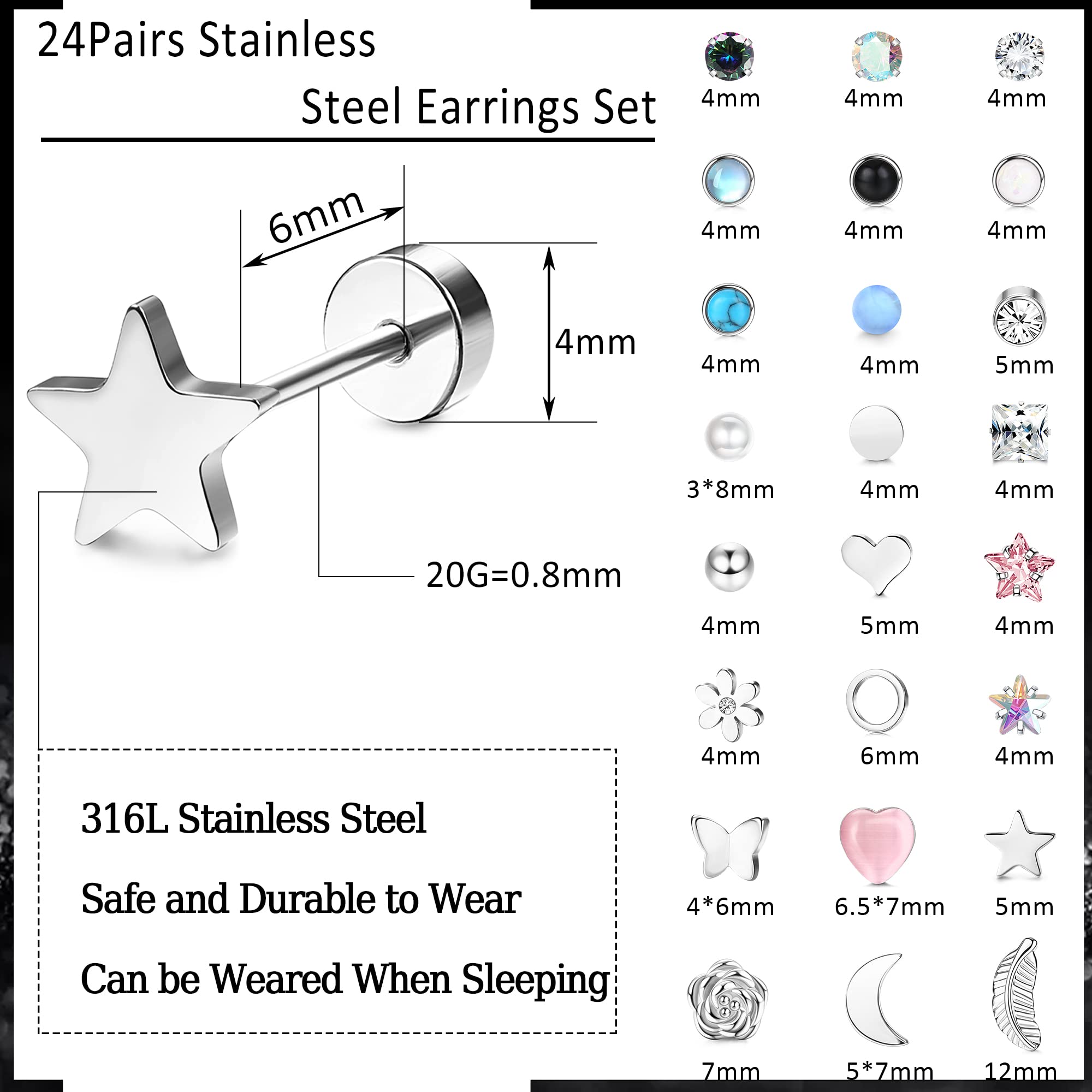 KRFY 24 Pairs Stainless Steel Stud Earrings for Women & Girls - Small Silver Flatback Cubic Zirconia Geometric Studs Set | Perfect for Everyday Wear, Gifts & Special Occasions