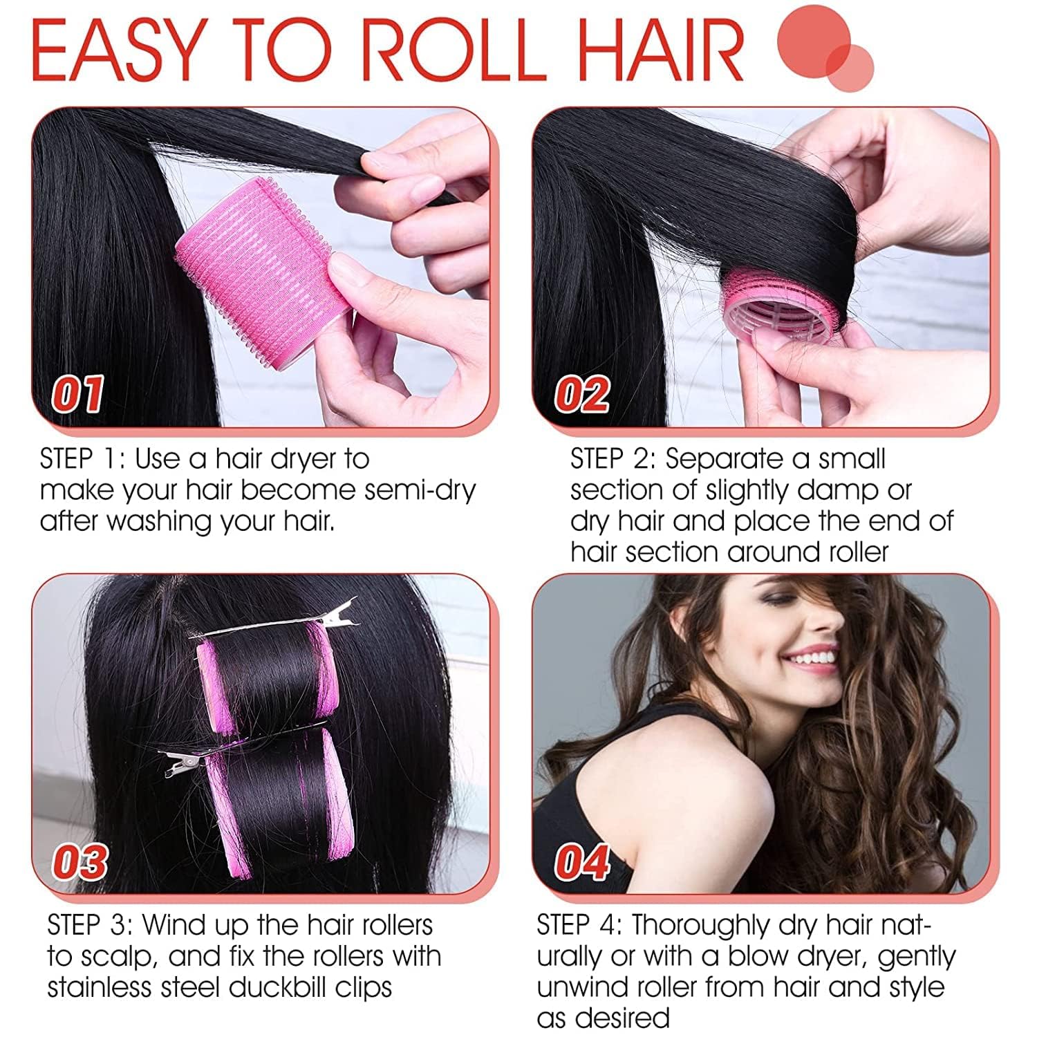 APOEM 12Pcs Self-Grip Hair Rollers & 12 Stainless Steel Duckbill Clips Set - Curling Rods for Long, Medium, Short Hair - Perfect for Women & Girls - Salon-Quality Styling at Home for Waves & Curls