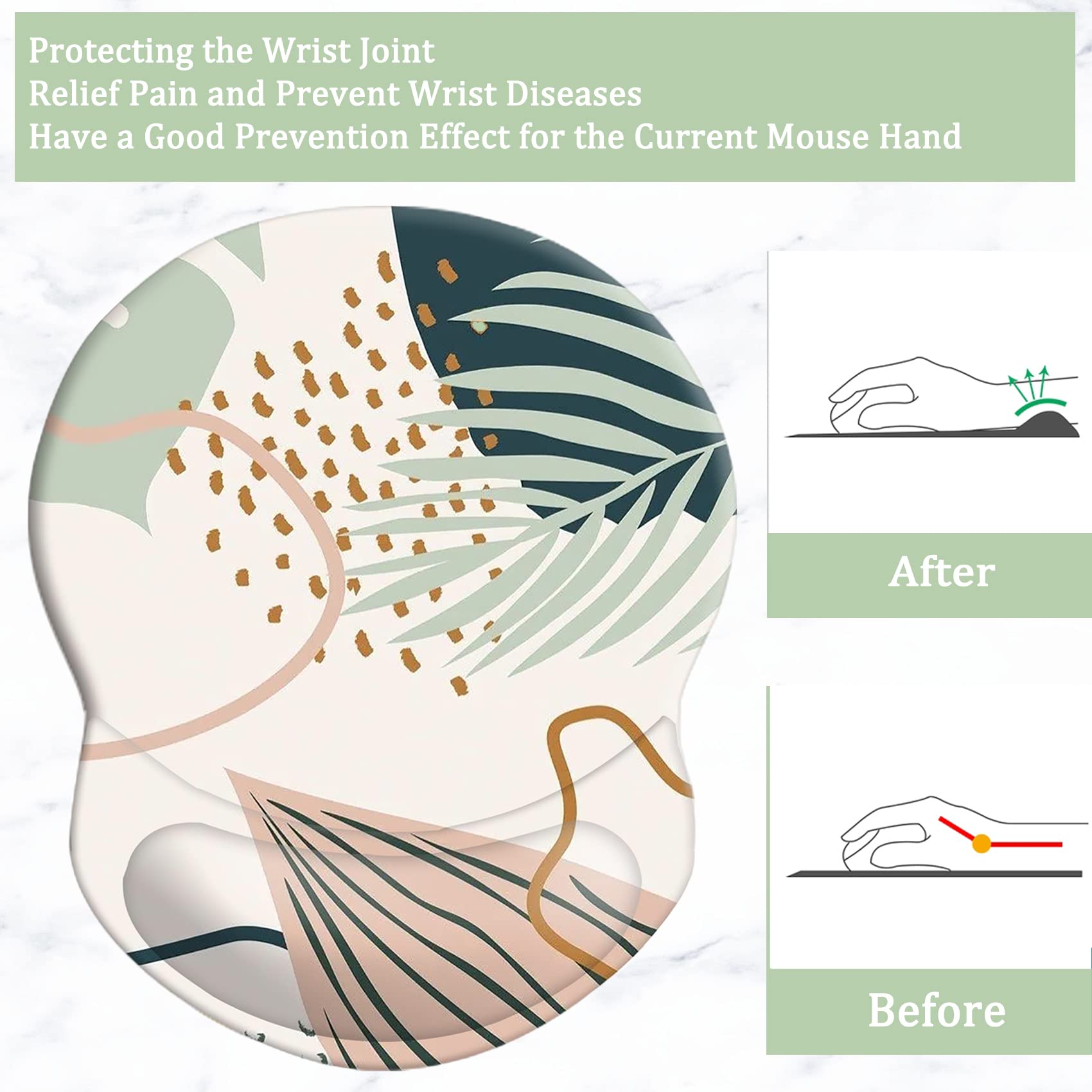 Ergonomic Mouse Pad with Wrist Support - Pain Relief, Non-Slip PU Base, Durable Comfort for Computer Work - Perfect for Home Office, Gaming & Studying (Modern Abstract Leaves Design)
