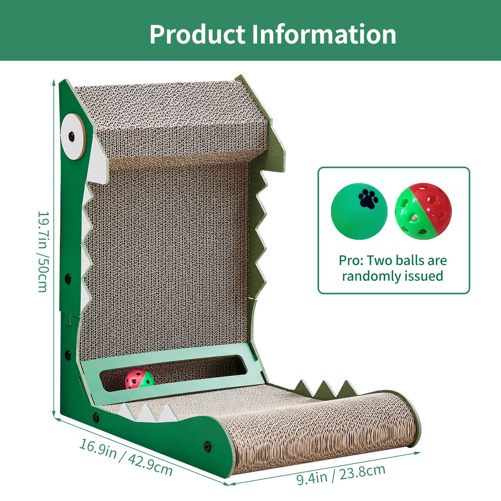Premium L-Shaped Cat Scratcher Wall Mount - 19.7 Inch Cardboard Scratching Pad with Ball Toy & Crocodile Design - Protects Furniture from Cat Scratching - Perfect for Indoor Cats, Apartments & Home Decor