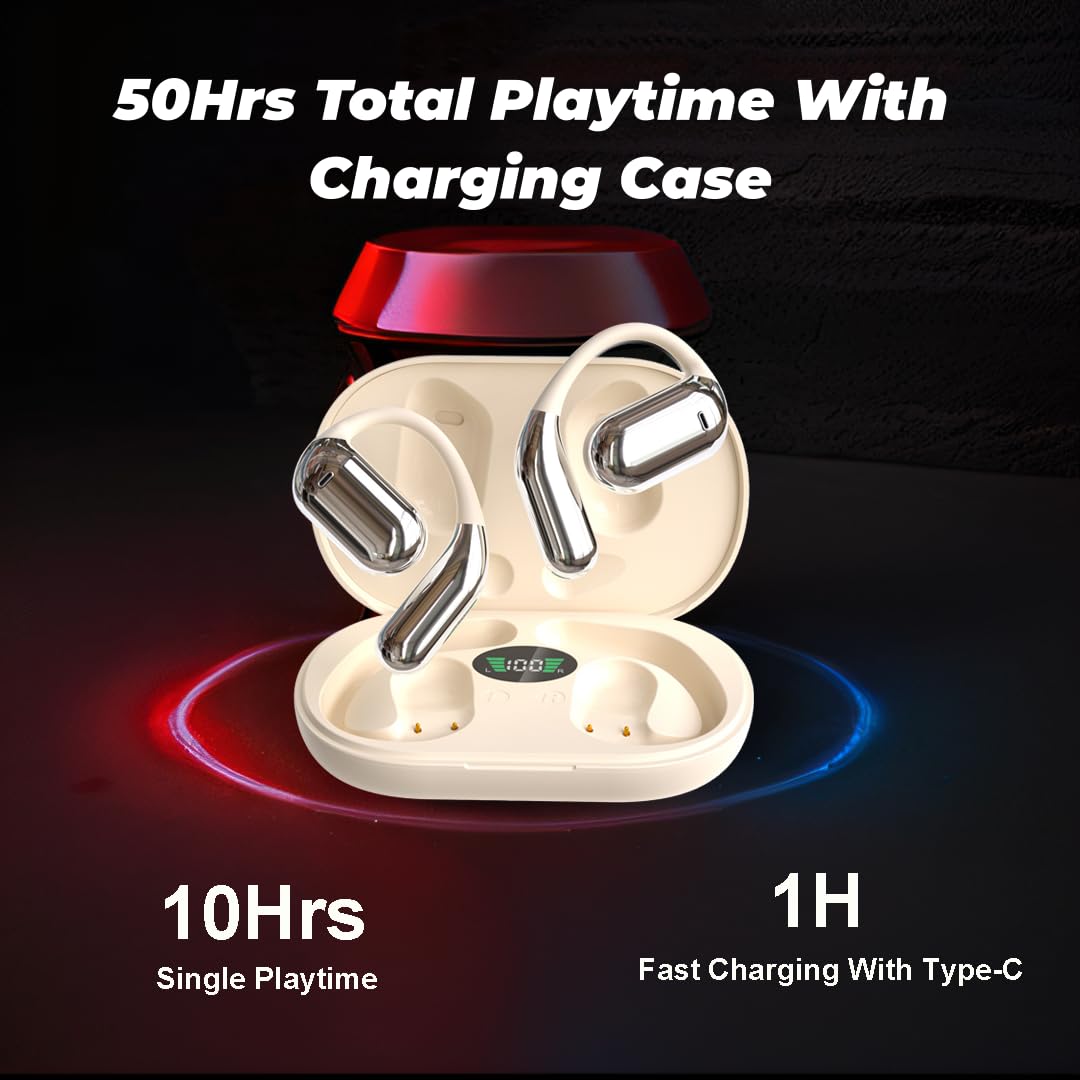 Open Ear Bluetooth 5.4 Wireless Earbuds with LED Display & 60H Playtime - Sweatproof Sports Headphones with Built-in Mic & Charging Case for Running, Workout, Gym, Cycling & Outdoor Activities