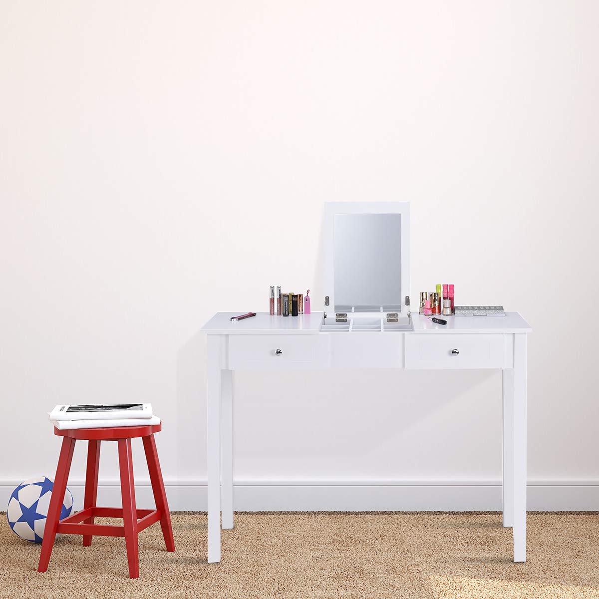 GOFLAME Vanity Table with Flip Top Mirror & 9 Organizers - Makeup Dressing Table with 2 Drawers for Cosmetics Storage - Sturdy White Writing Desk for Bedroom - Easy Assembly Beauty Station for Makeup Lovers & Home Office Use
