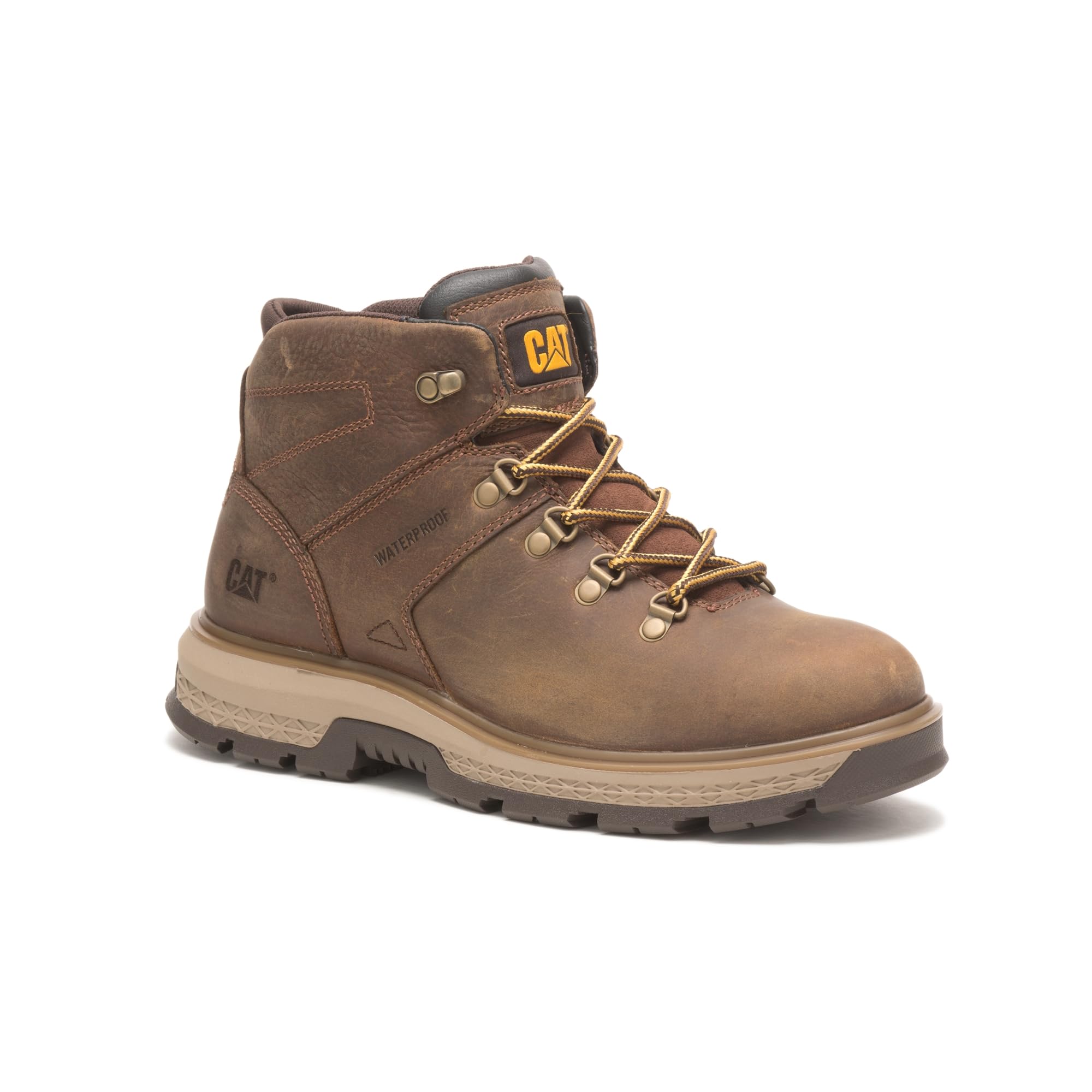 Cat Footwear Men's Exposition Hiker Waterproof Construction Boot - Durable Work Boots for Outdoor & Hiking - Pyramid Brown, Size 12 - Ideal for Construction Sites, Hiking Trails & Rough Terrain