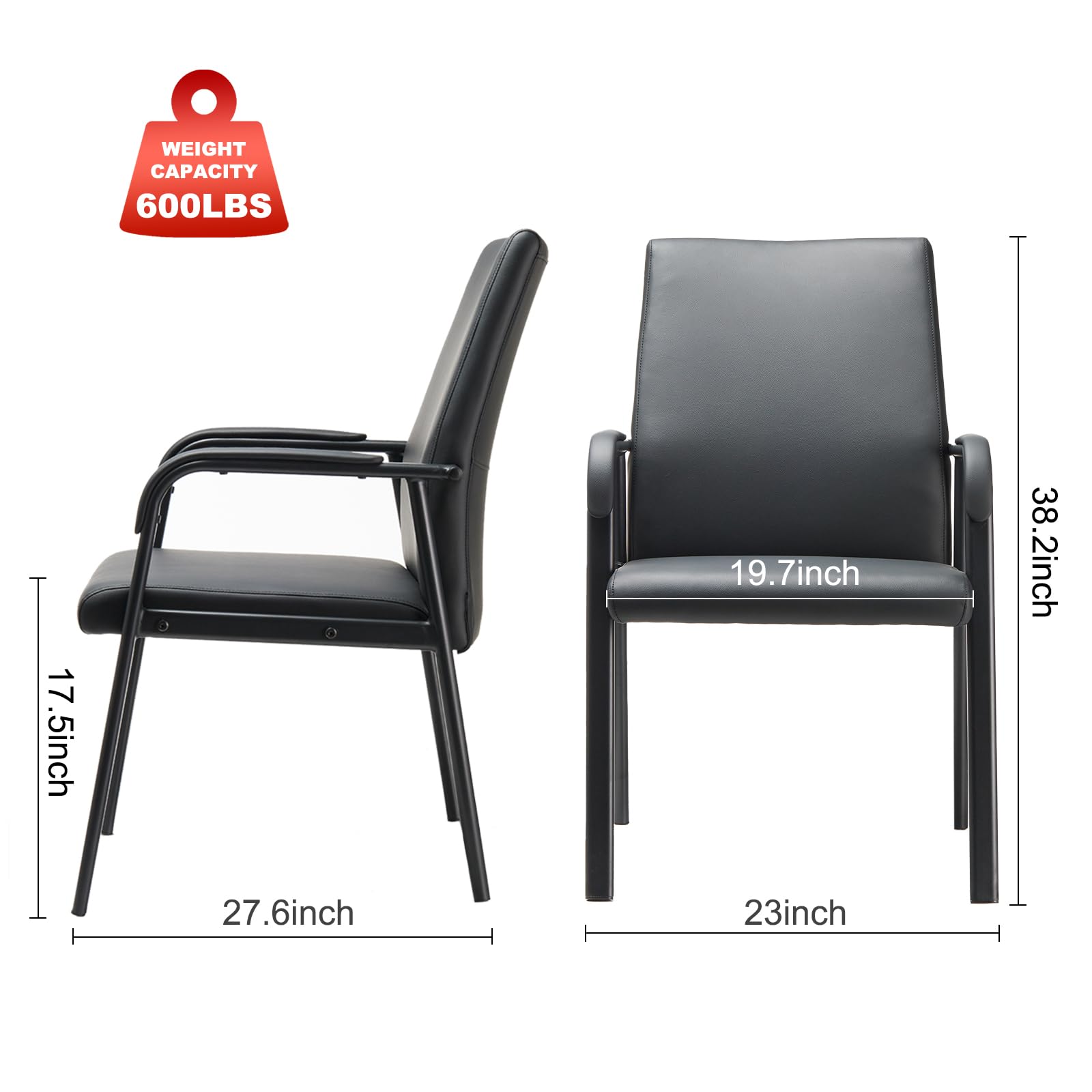Premium Black Leather Office Guest Reception Chair - 600 lbs Capacity, Padded Armrests, No Wheels - Perfect for Conference Rooms, Waiting Areas & Executive Desks